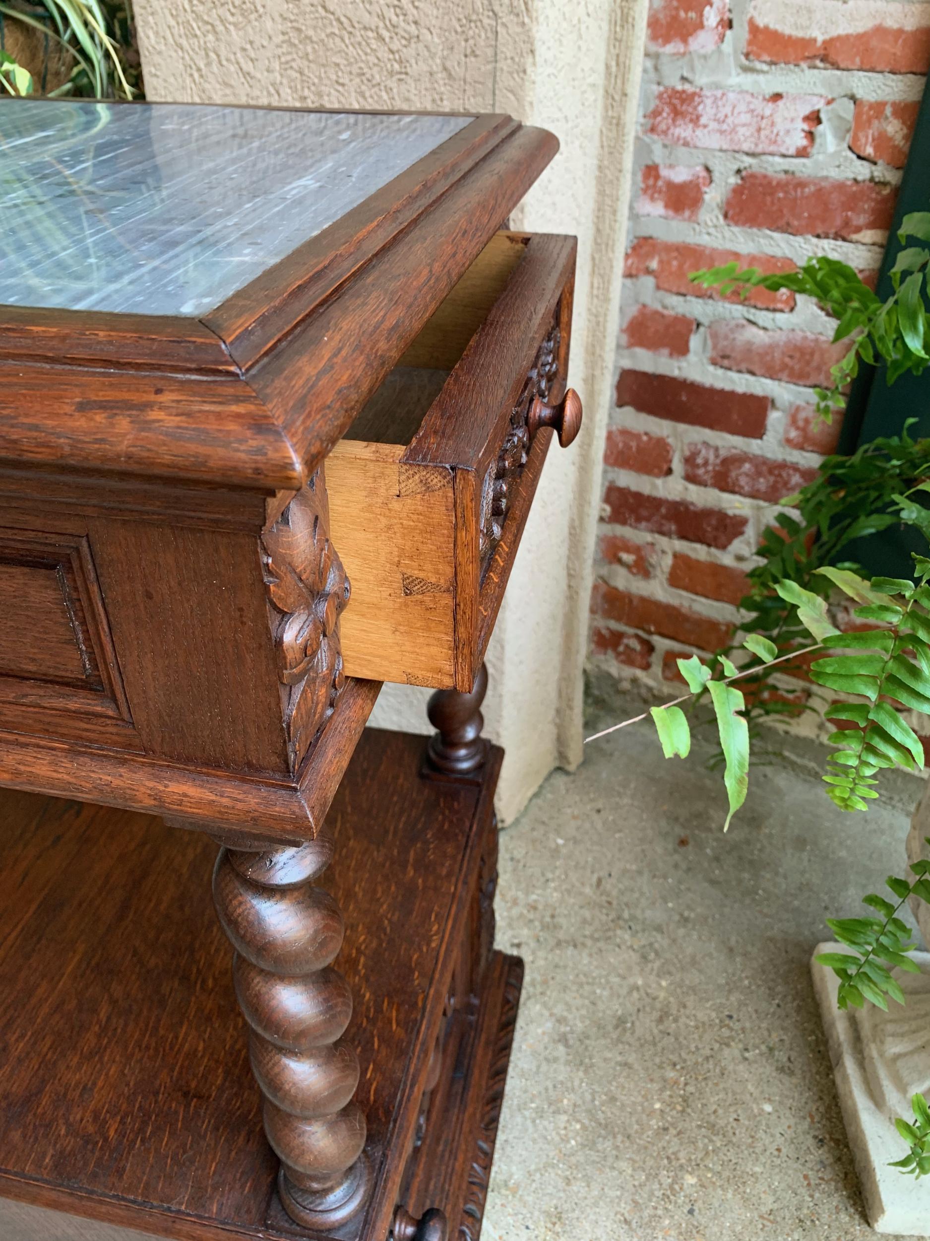 19th century French Carved Oak Side Cabinet Table Barley Twist Marble Louis XIII 16