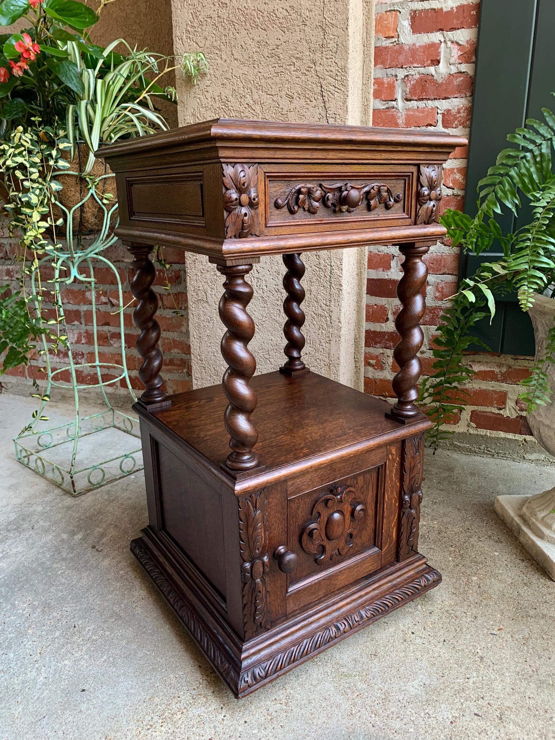 19th century French Carved Oak Side Cabinet Table Barley Twist Marble Louis XIII In Good Condition In Shreveport, LA