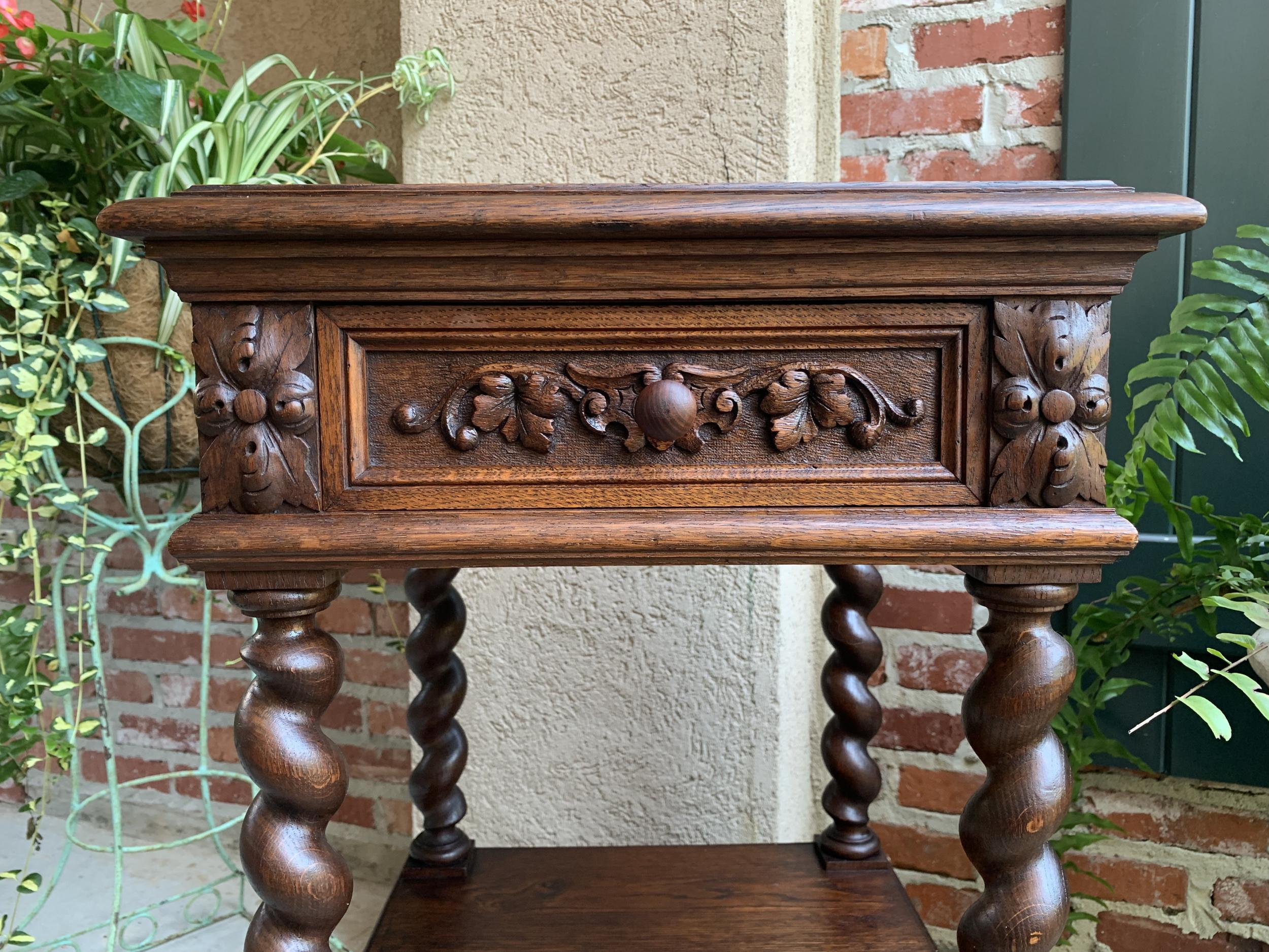 19th Century 19th century French Carved Oak Side Cabinet Table Barley Twist Marble Louis XIII
