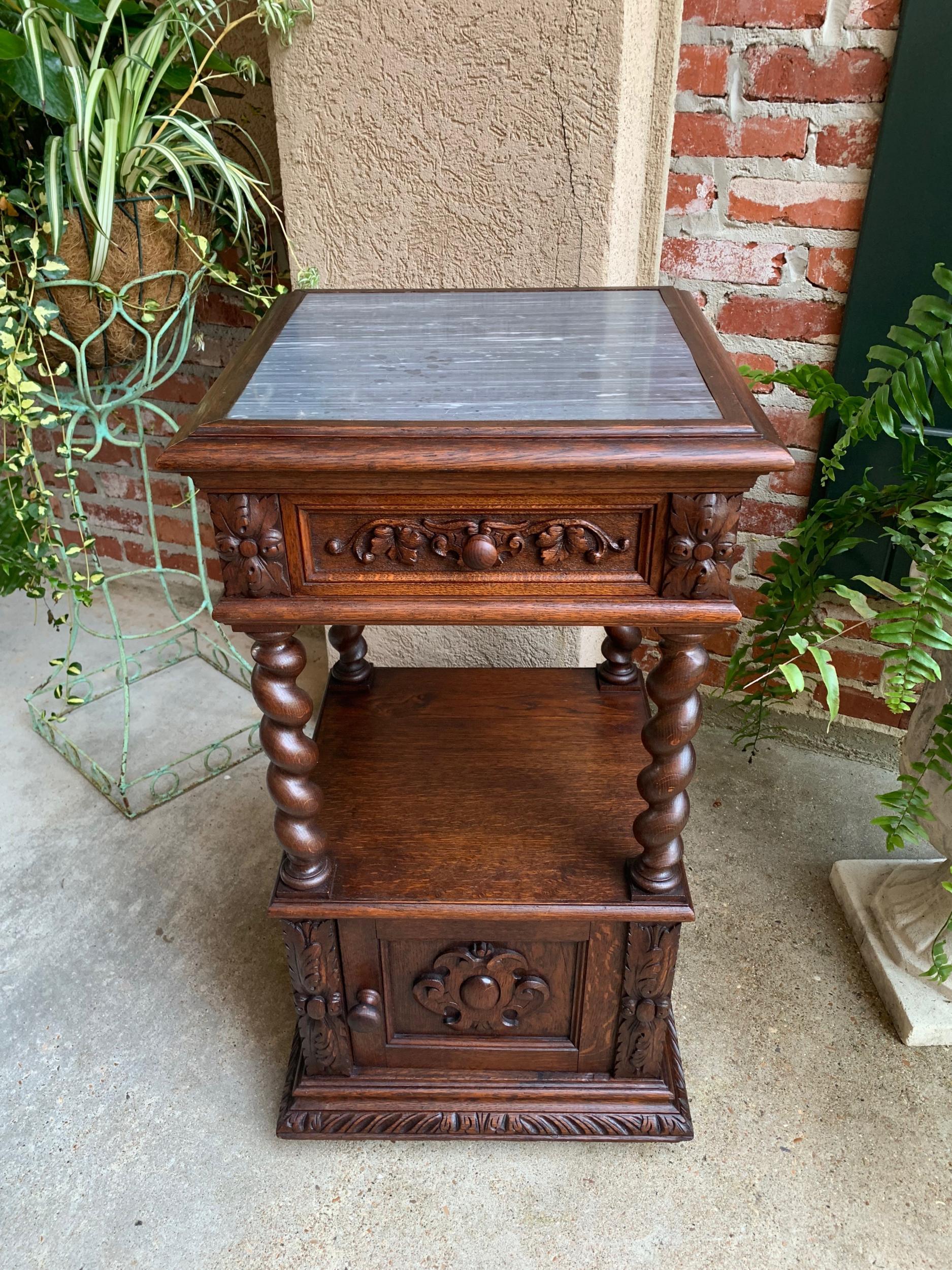 19th century French Carved Oak Side Cabinet Table Barley Twist Marble Louis XIII 4