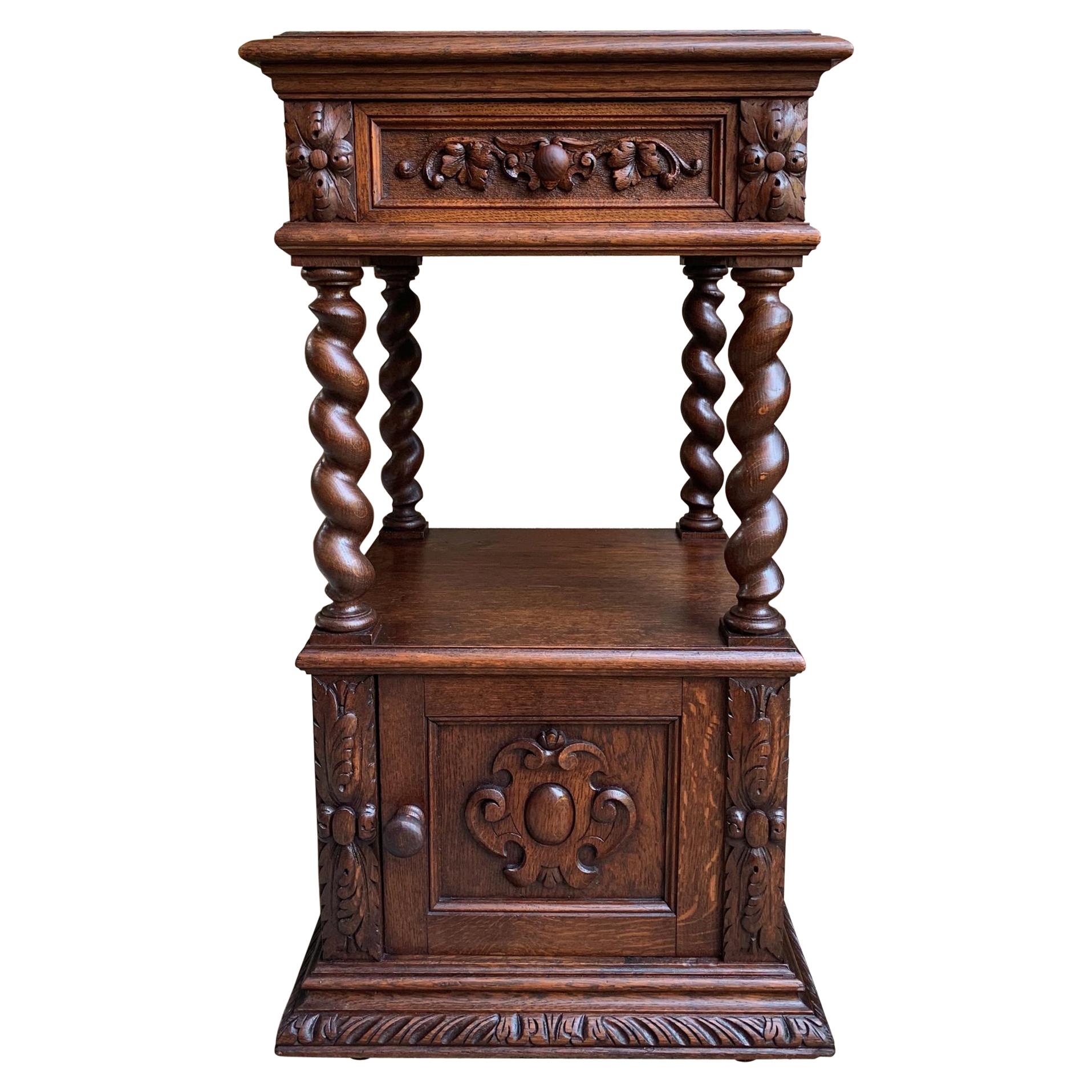 19th century French Carved Oak Side Cabinet Table Barley Twist Marble Louis XIII