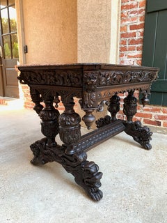 19th century French Carved Oak Side Table Small Writing Desk Renaissance Gothic