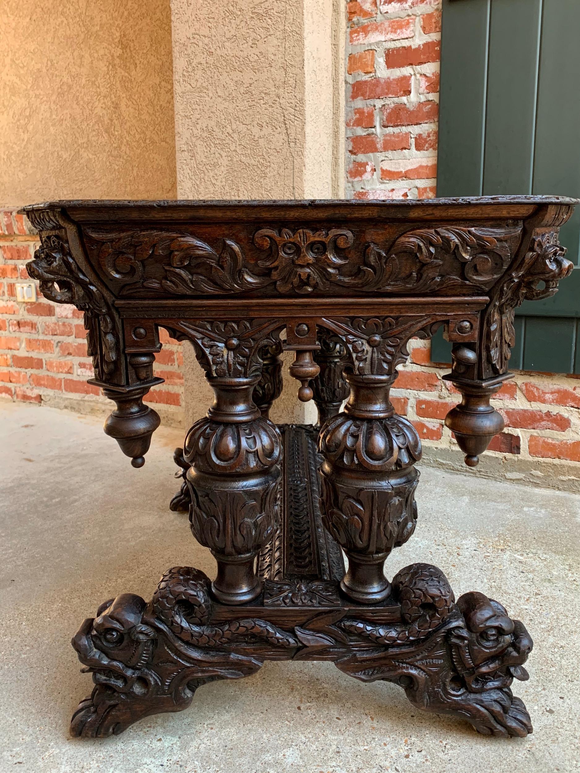 Hand-Carved 19th century French Carved Oak Side Table Small Writing Desk Renaissance Gothic
