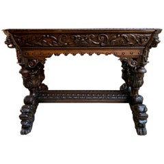 Antique 19th century French Carved Oak Side Table Small Writing Desk Renaissance Gothic