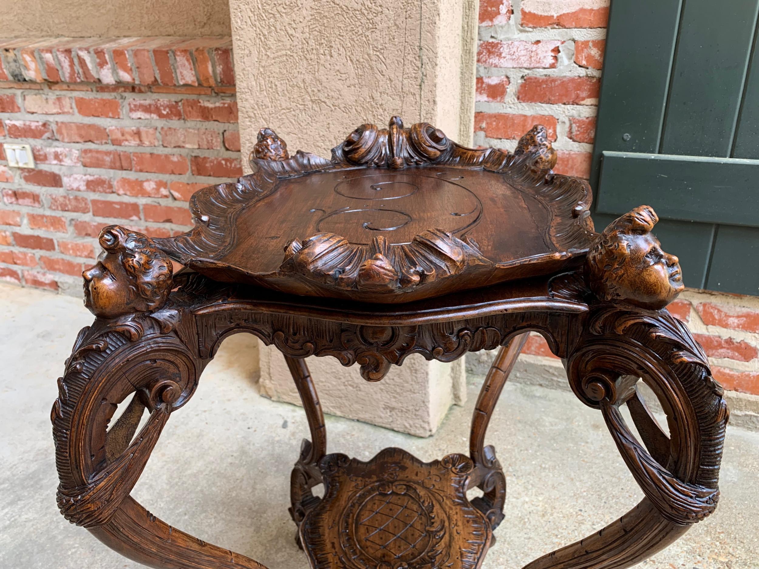 Antique French Carved Oak Sofa Dessert Table Serving Tray Louis XV Cherub c1880 5