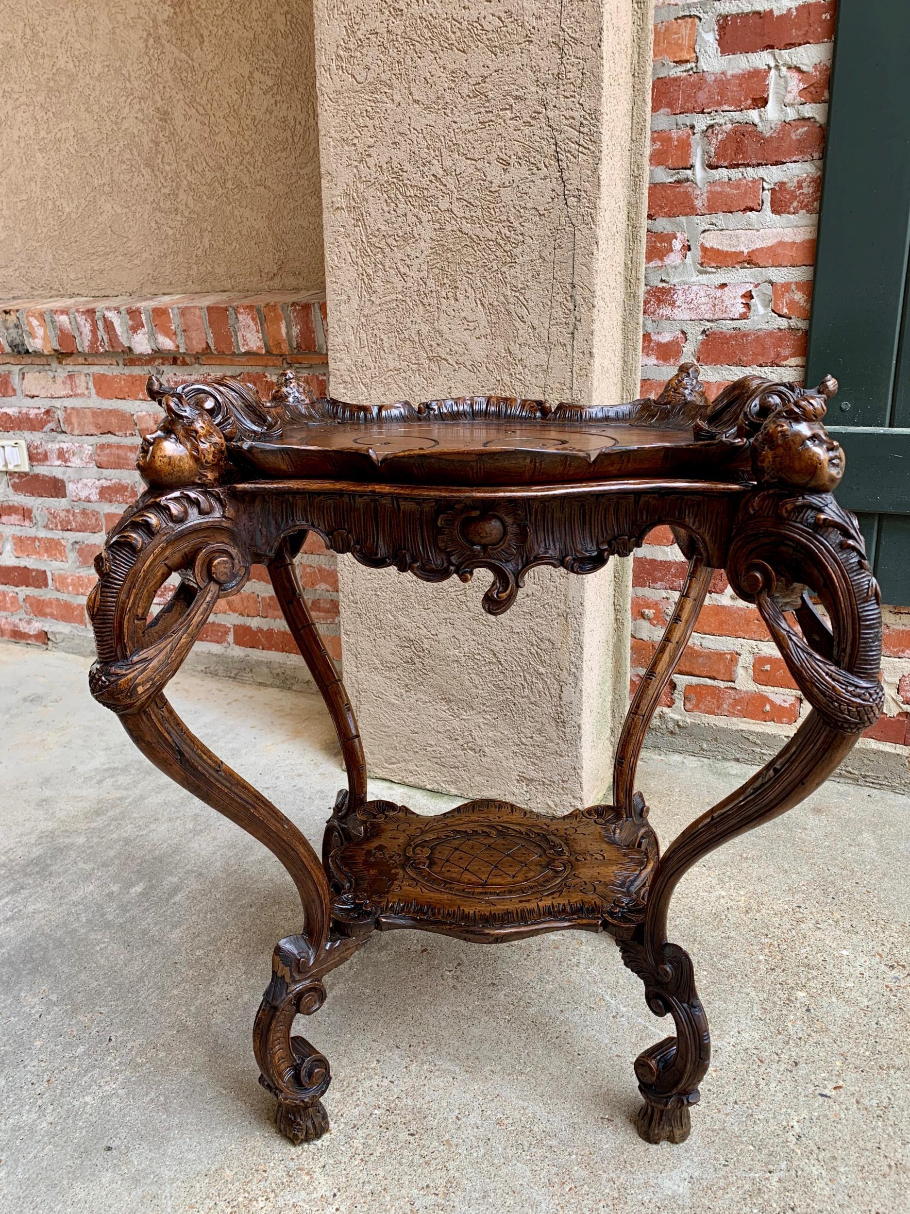 19th Century Antique French Carved Oak Sofa Dessert Table Serving Tray Louis XV Cherub c1880