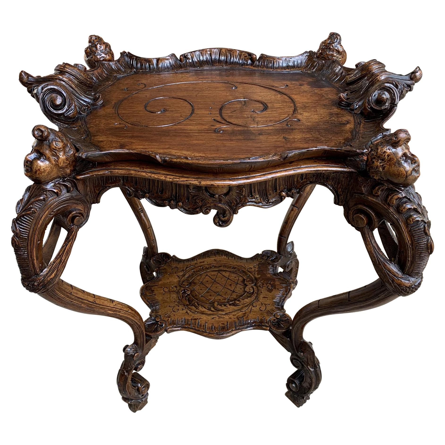 19th century French Carved Oak Sofa Dessert Table Serving Tray Louis XV Cherub For Sale
