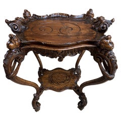 Antique 19th century French Carved Oak Sofa Dessert Table Serving Tray Louis XV Cherub
