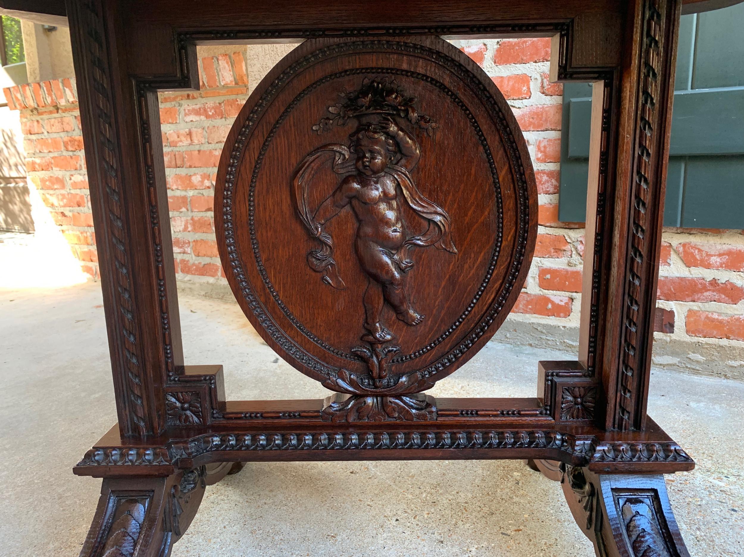 Hand-Carved 19th Century French Sofa Side Table Renaissance Carved Oak Cherub Angel 