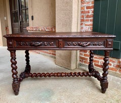 19th Century French Carved Oak Sofa Table Writing Desk Barley Twist Black Forest