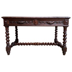 19th Century French Carved Oak Sofa Table Writing Desk Barley Twist Black Forest