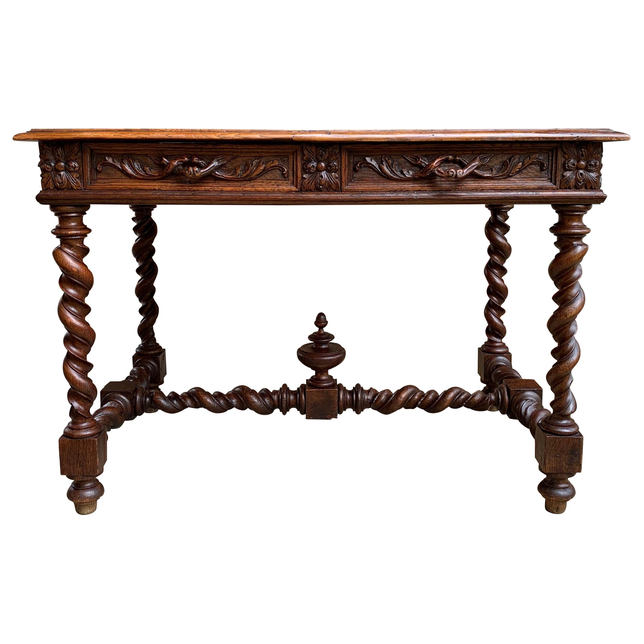 19th Century French Carved Oak Sofa Table Writing Desk Barley Twist Black Forest