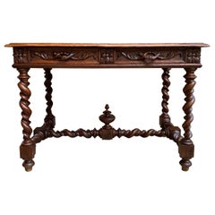 19th Century French Carved Oak Sofa Table Writing Desk Barley Twist Black Forest