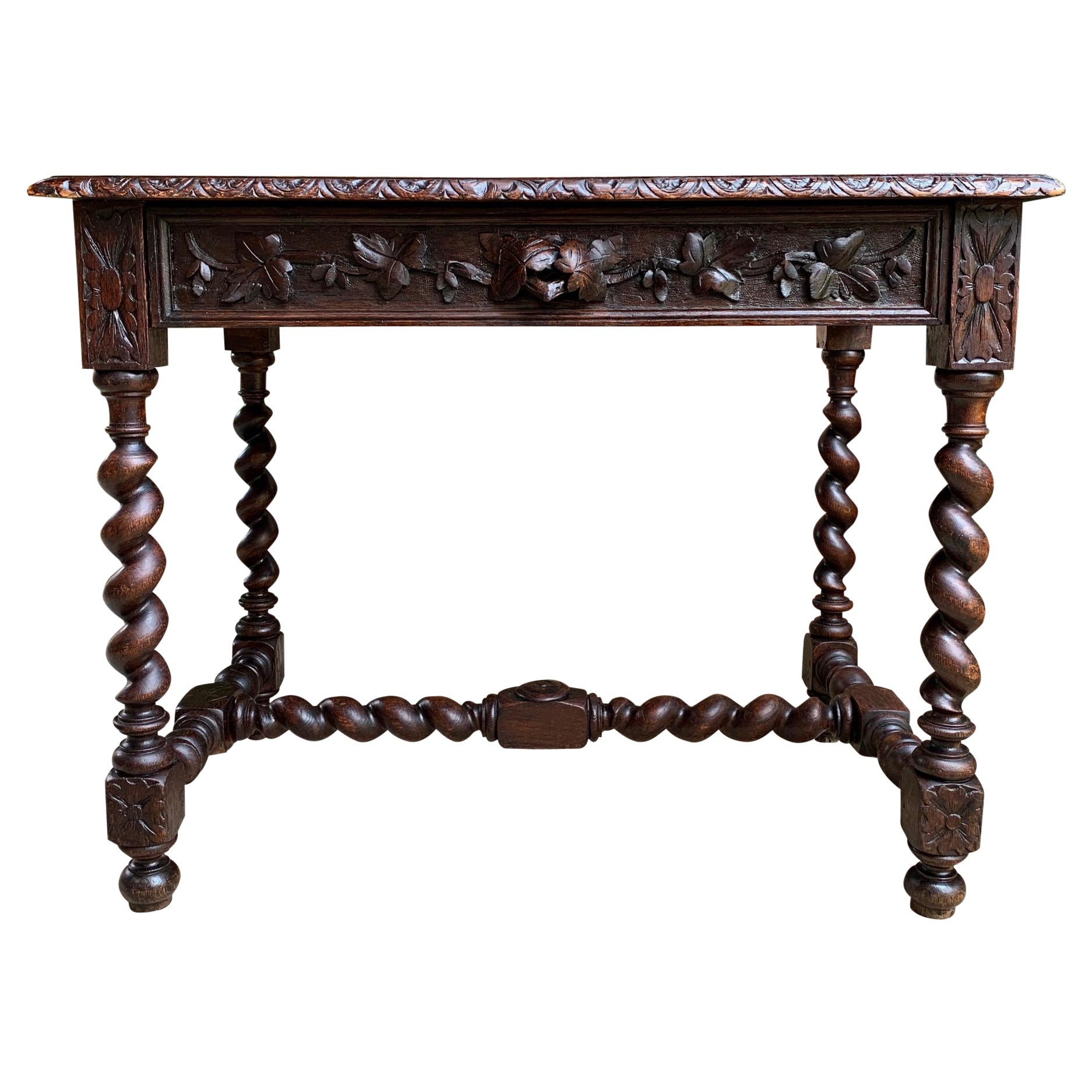 19th century French Carved Oak Sofa Table Writing Desk Barley Twist Black Forest