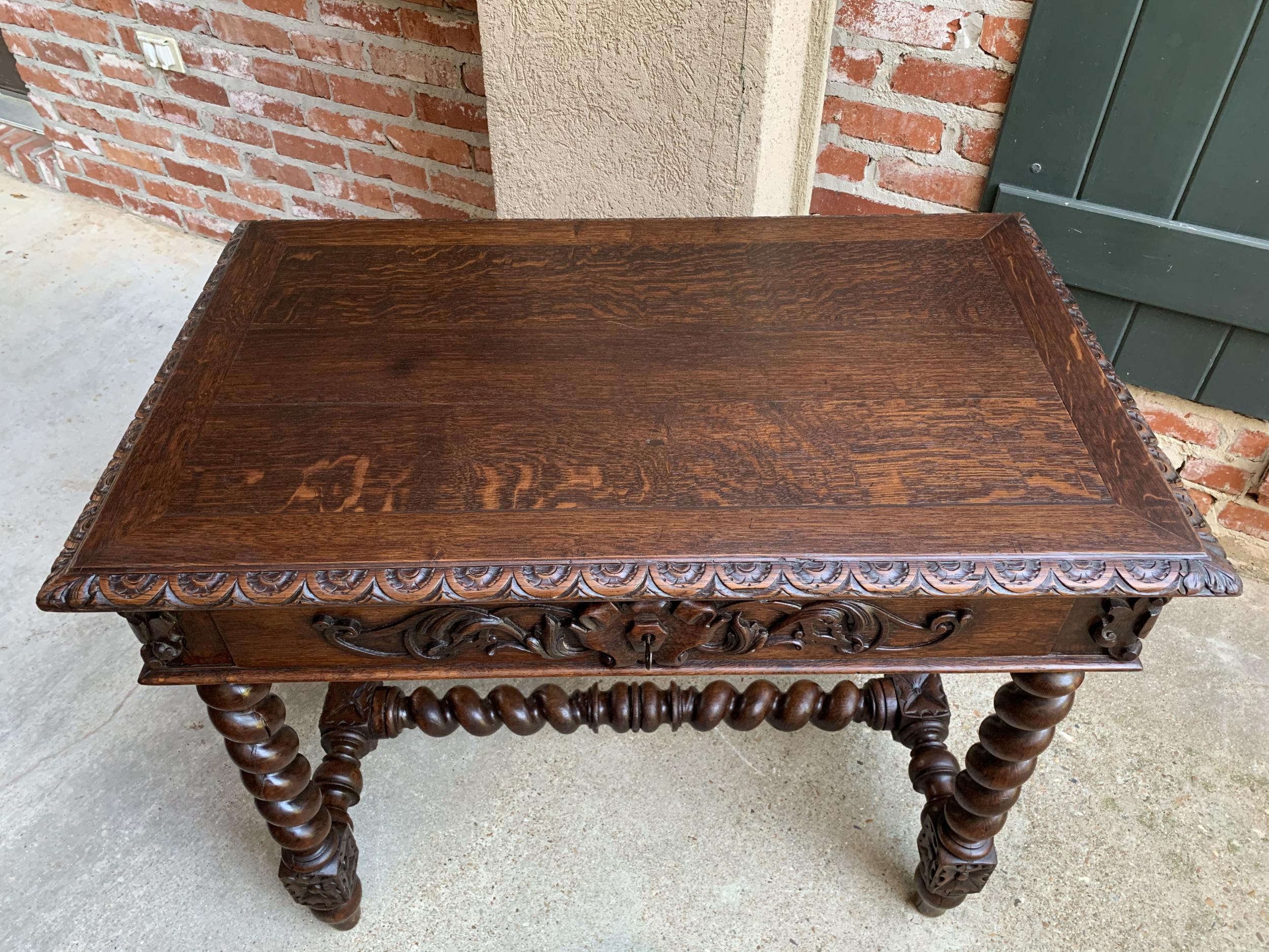 19th Century French Carved Oak Sofa Table Writing Desk Barley Twist 5