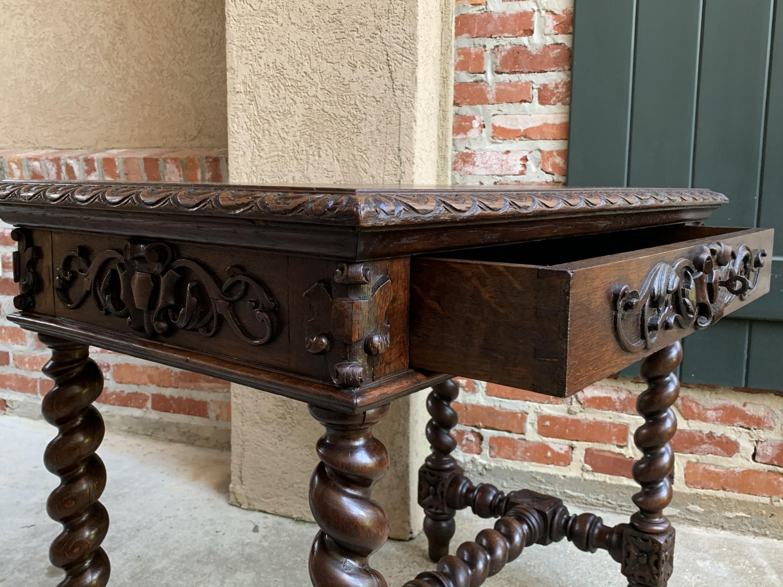 19th Century French Carved Oak Sofa Table Writing Desk Barley Twist 3