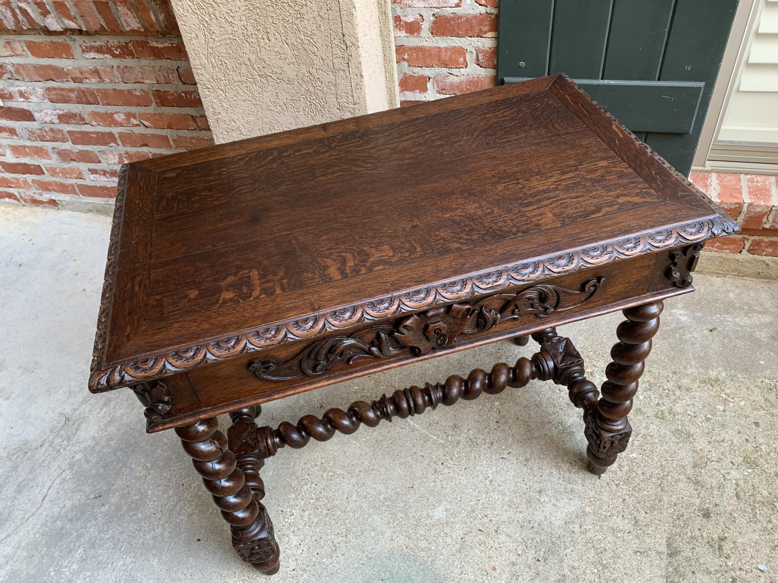 19th Century French Carved Oak Sofa Table Writing Desk Barley Twist 4