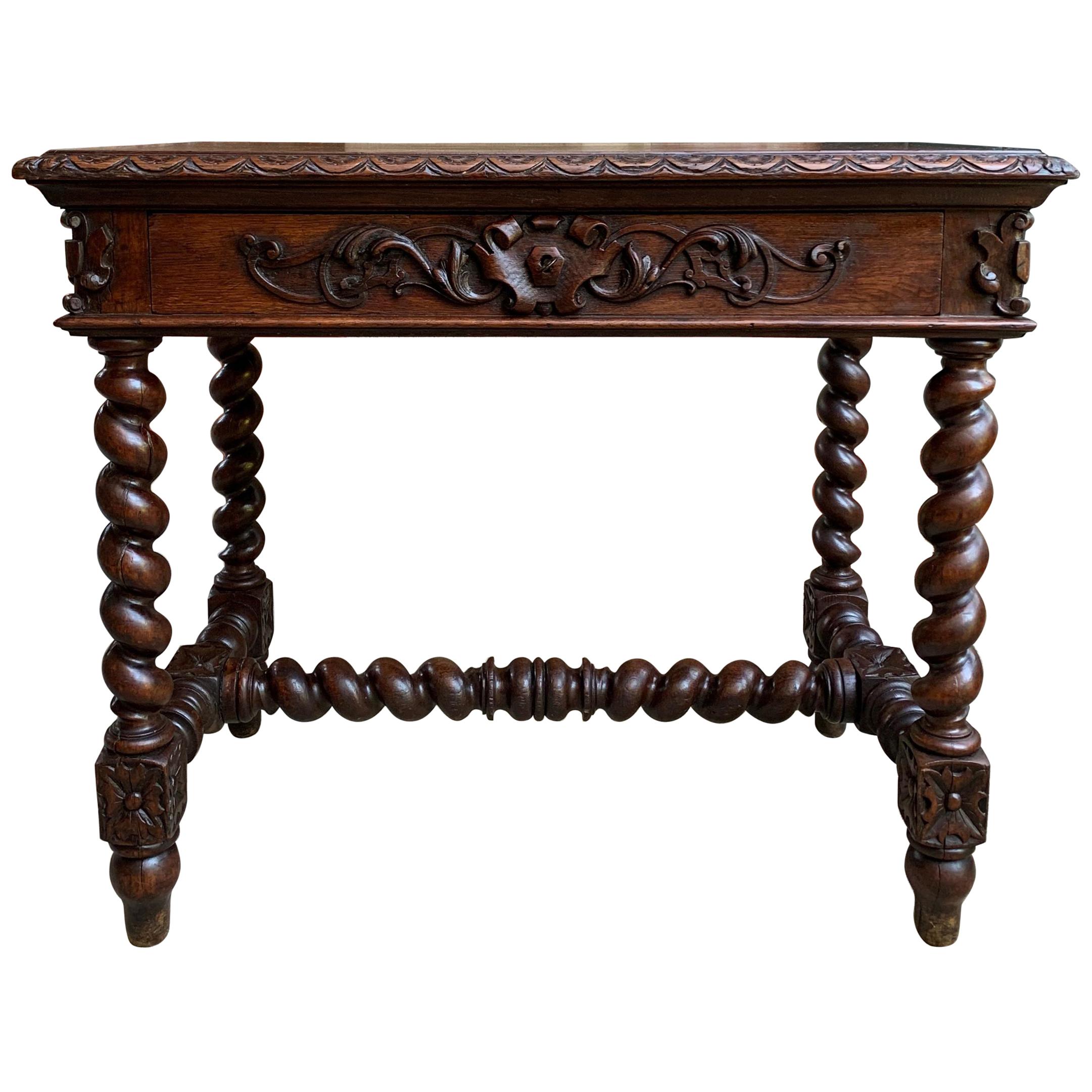 19th Century French Carved Oak Sofa Table Writing Desk Barley Twist