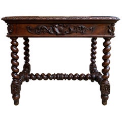 19th Century French Carved Oak Sofa Table Writing Desk Barley Twist