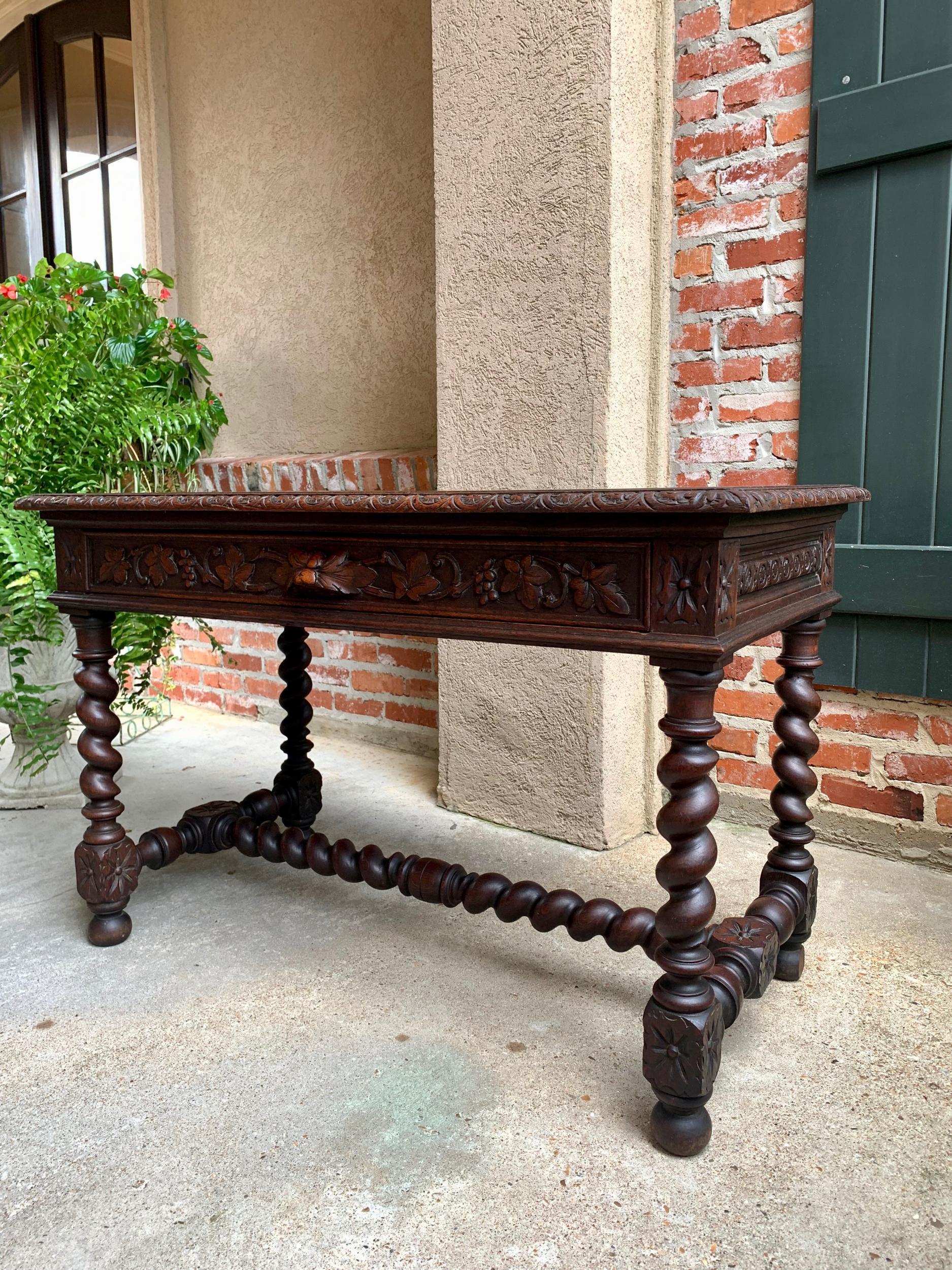 19th century French carved oak sofa table writing desk barley twist Black Forest

~Direct from France~
~Lovely antique French writing desk or sofa table with elegant features~
~Front frieze features large drawer with Black Forest style carved