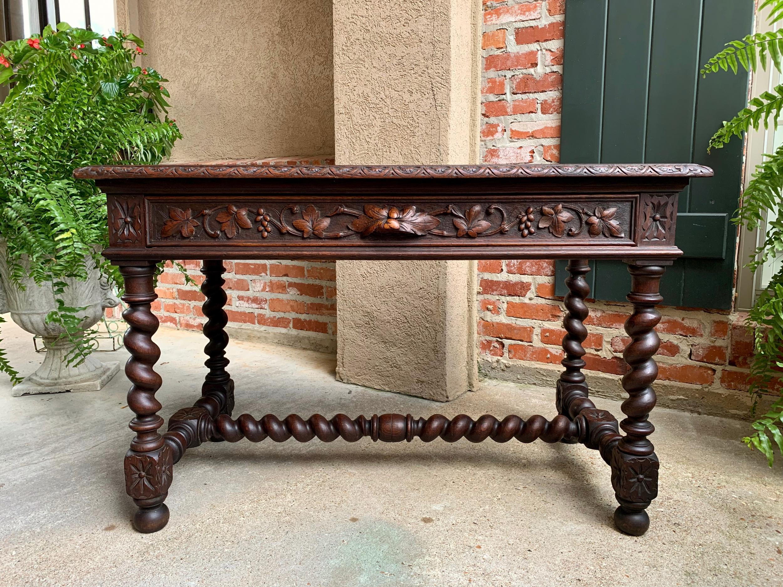Hand-Carved 19th Century French Carved Oak Sofa Table Writing Desk Barley Twist Louis XIII