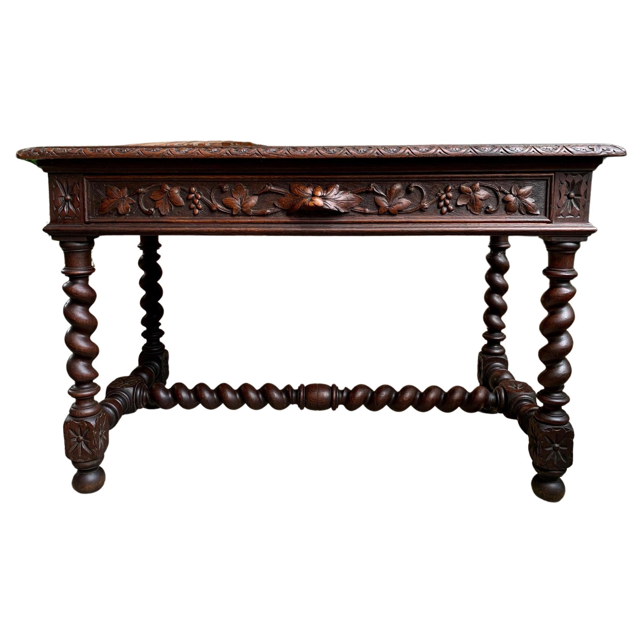 19th Century French Carved Oak Sofa Table Writing Desk Barley Twist Louis XIII