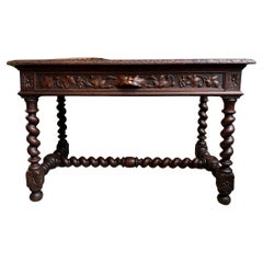 19th Century French Carved Oak Sofa Table Writing Desk Barley Twist Louis XIII
