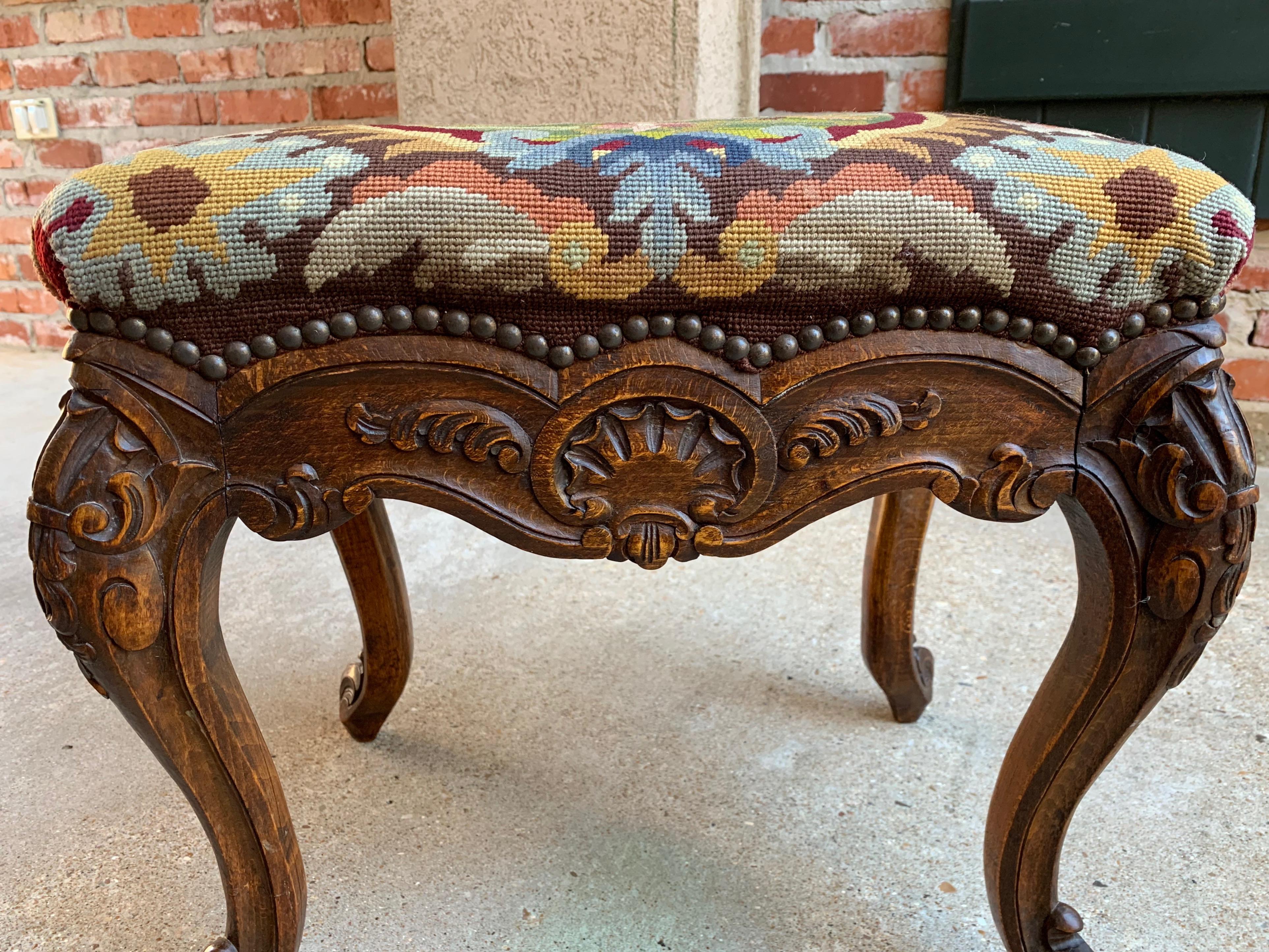 19th Century French Carved Oak Stool Bench Louis XV Style Tabouret Needlepoint 4
