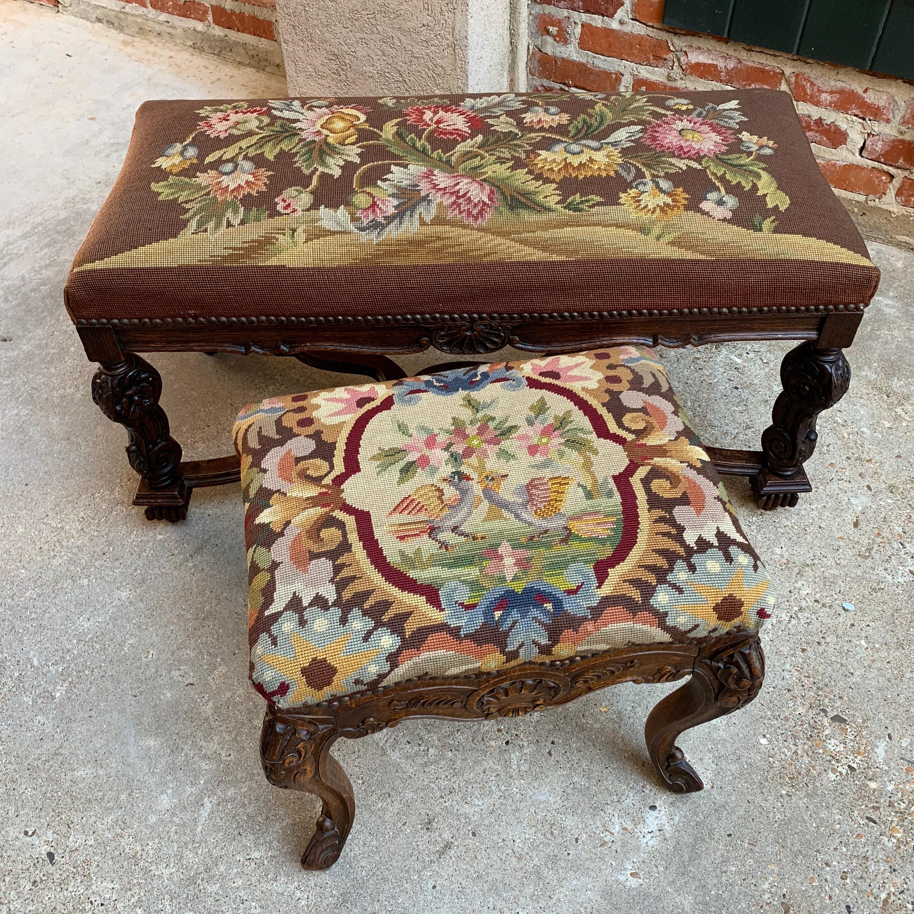 19th Century French Carved Oak Stool Bench Louis XV Style Tabouret Needlepoint 5
