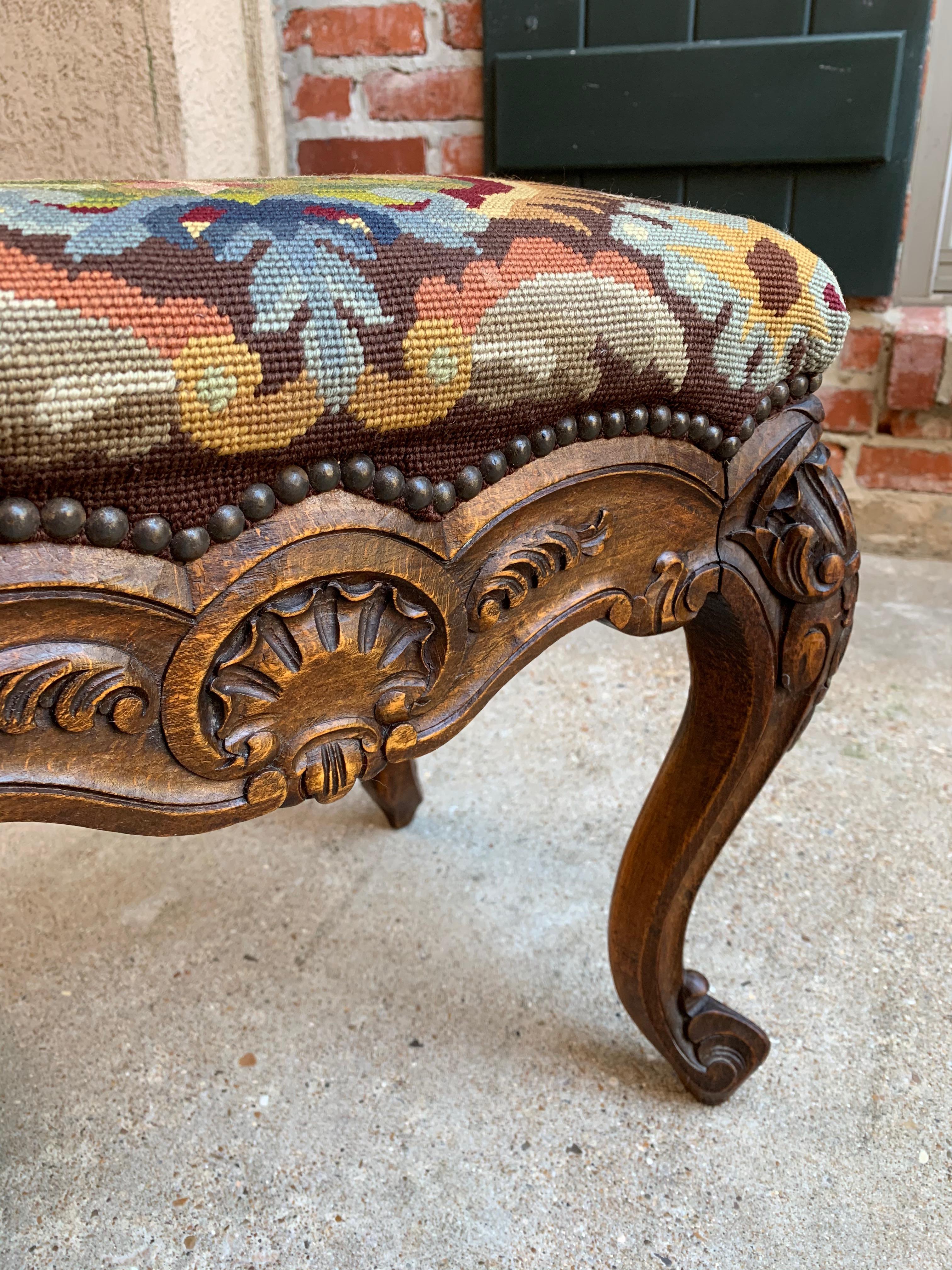 19th Century French Carved Oak Stool Bench Louis XV Style Tabouret Needlepoint 6