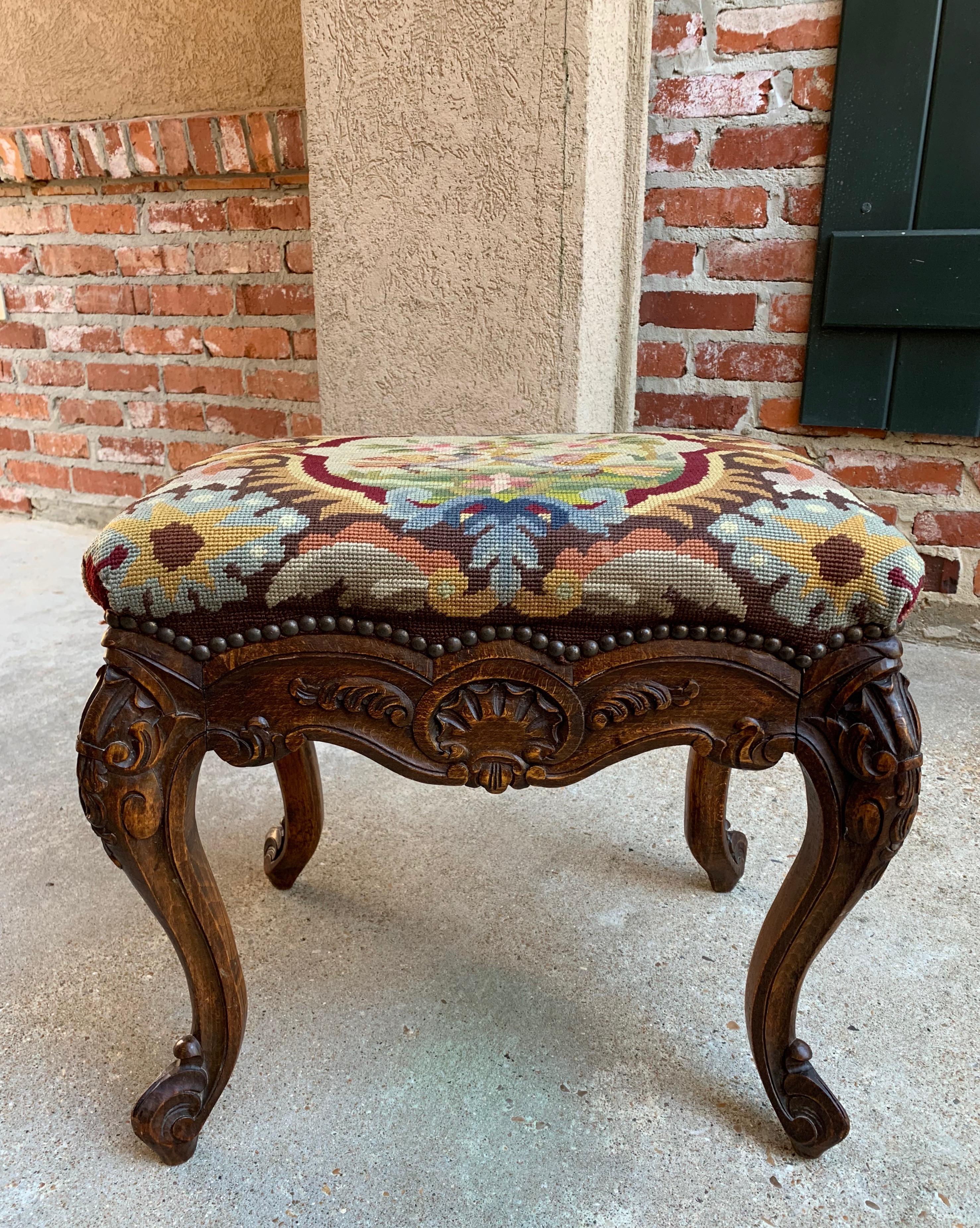 19th Century French Carved Oak Stool Bench Louis XV Style Tabouret Needlepoint 7