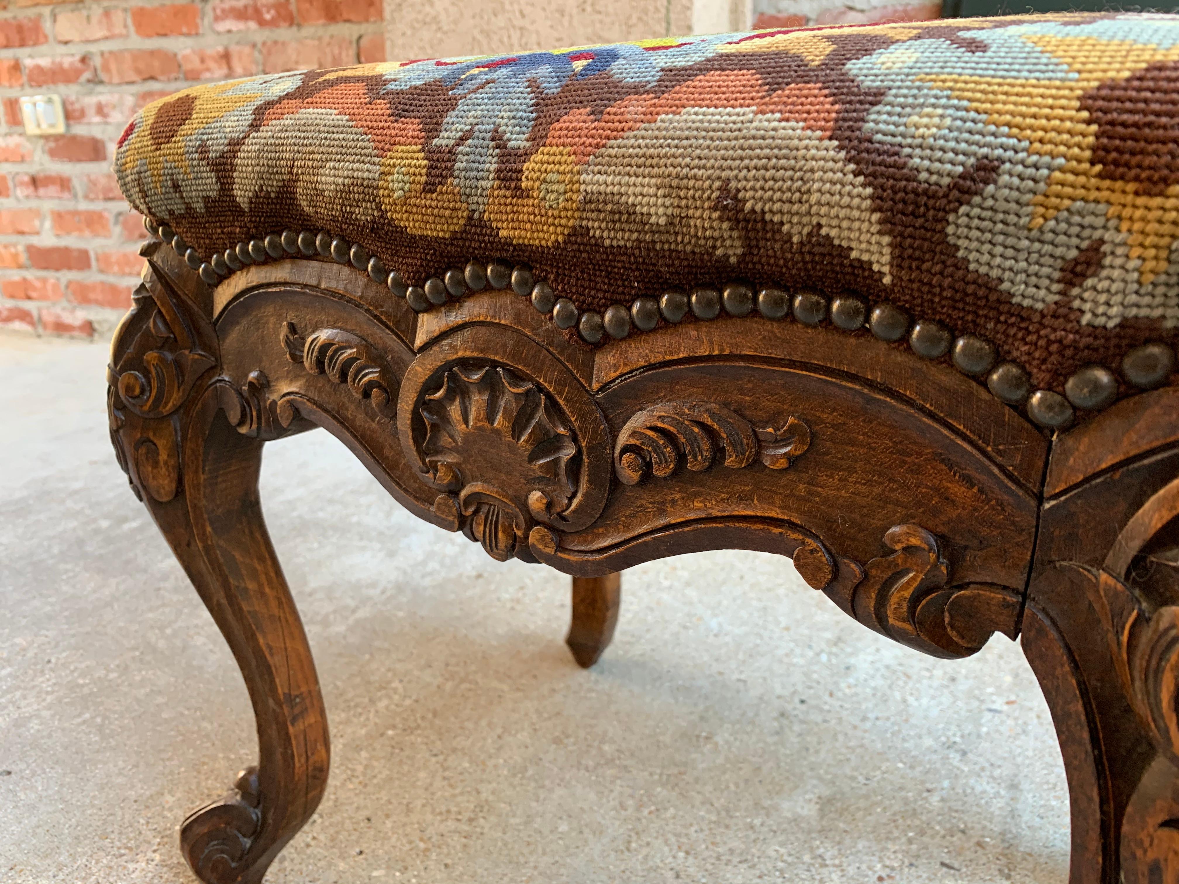 19th Century French Carved Oak Stool Bench Louis XV Style Tabouret Needlepoint 8