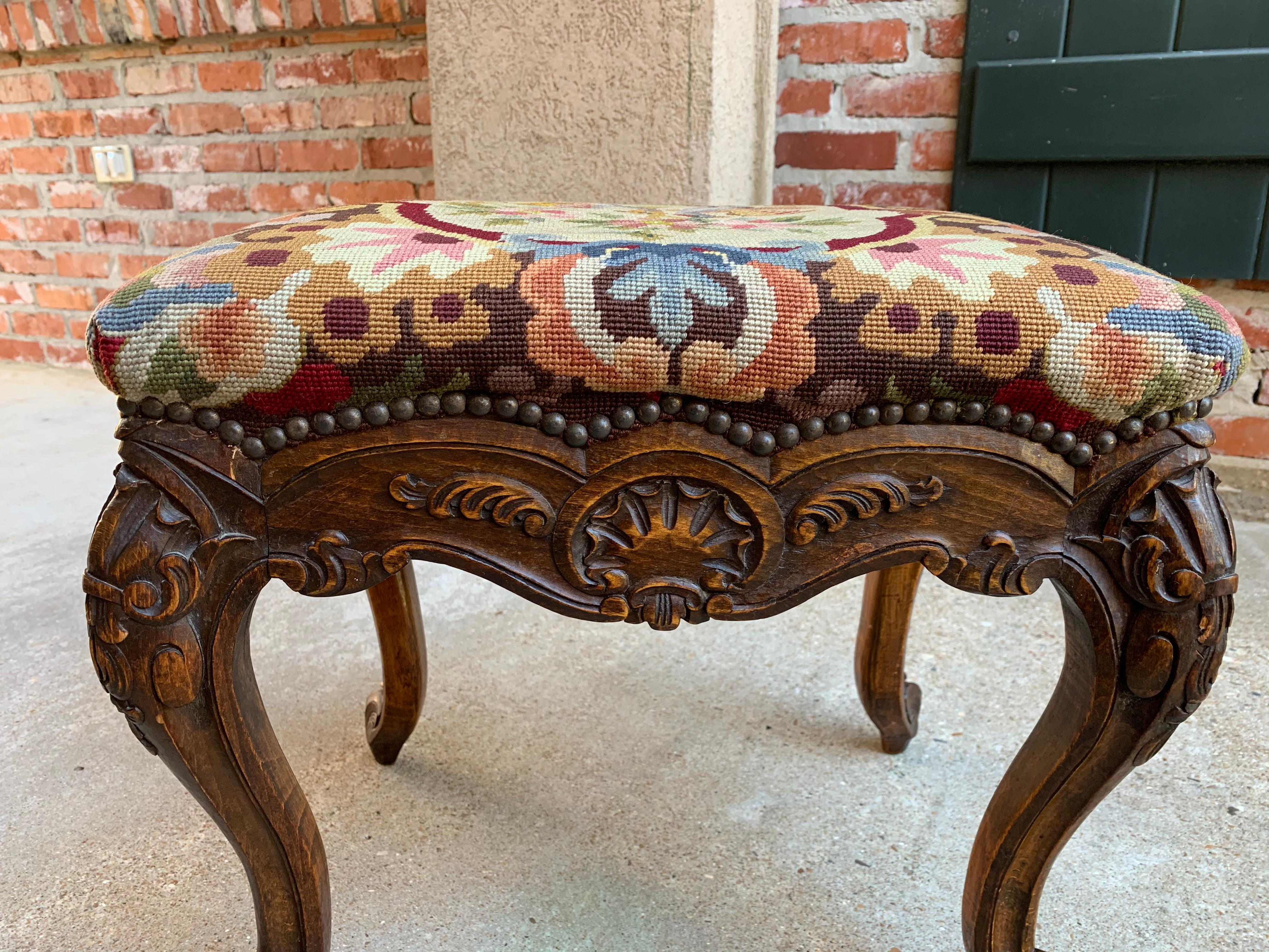 19th Century French Carved Oak Stool Bench Louis XV Style Tabouret Needlepoint 9