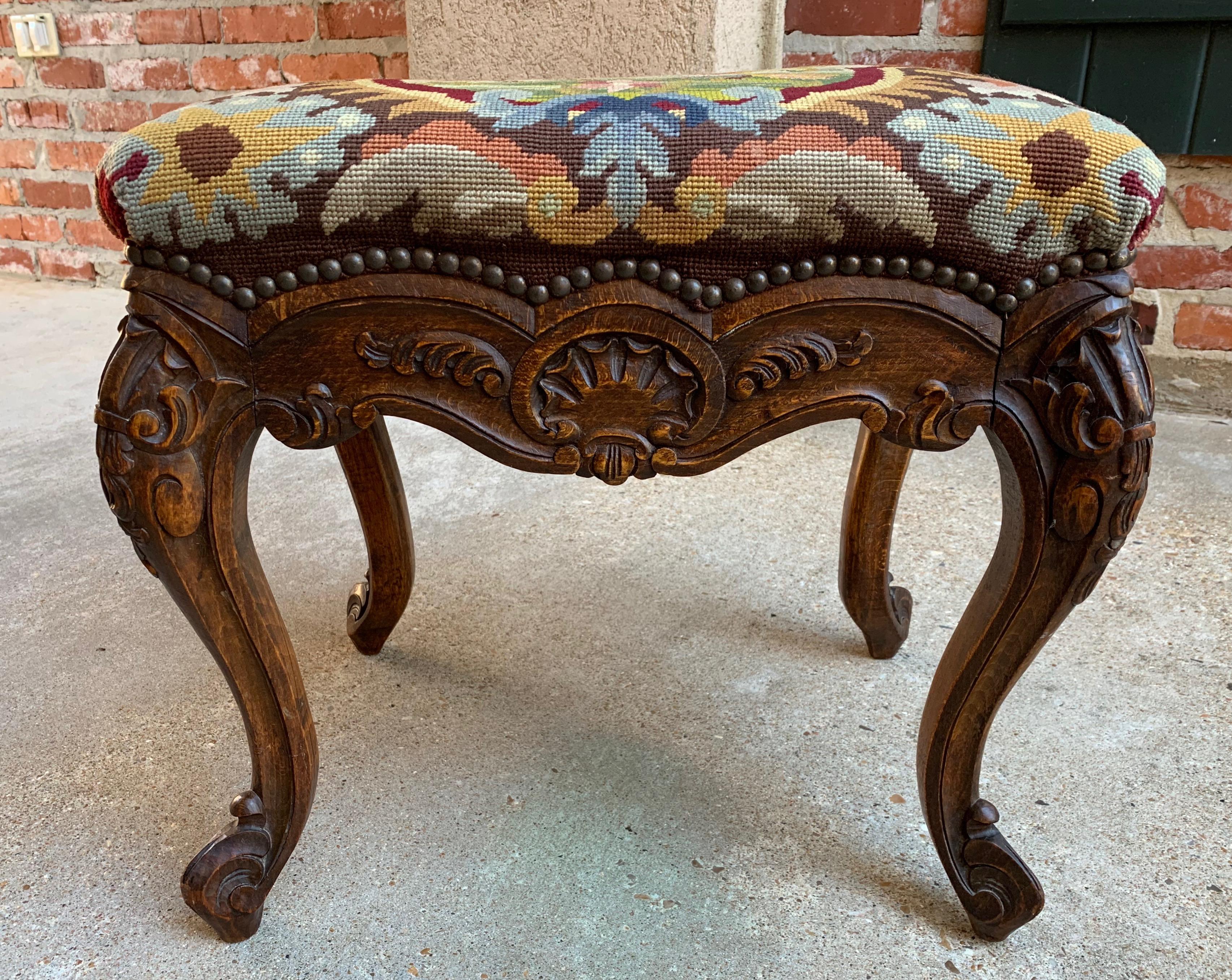 Hand-Carved 19th Century French Carved Oak Stool Bench Louis XV Style Tabouret Needlepoint