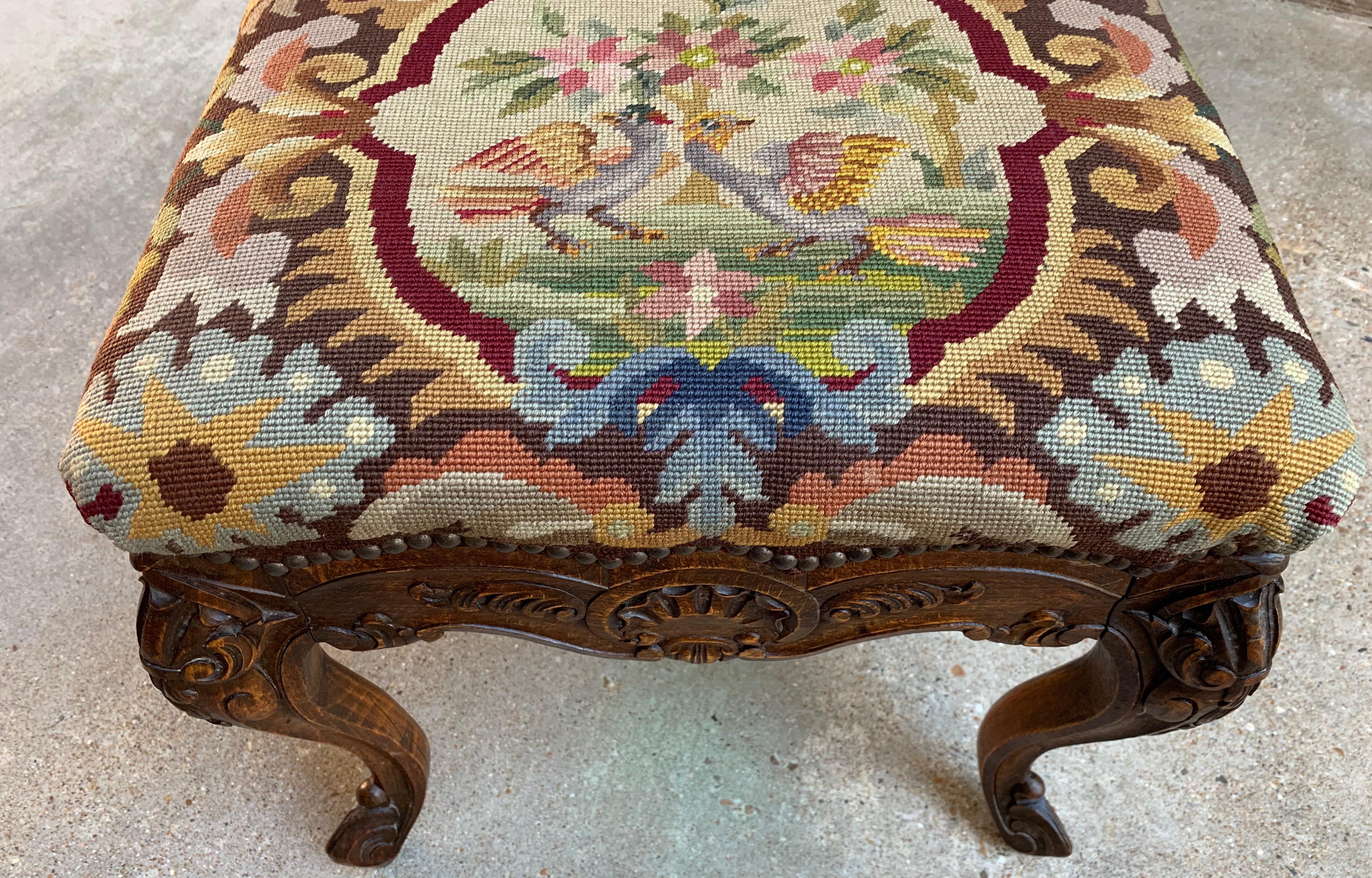 Wood 19th Century French Carved Oak Stool Bench Louis XV Style Tabouret Needlepoint