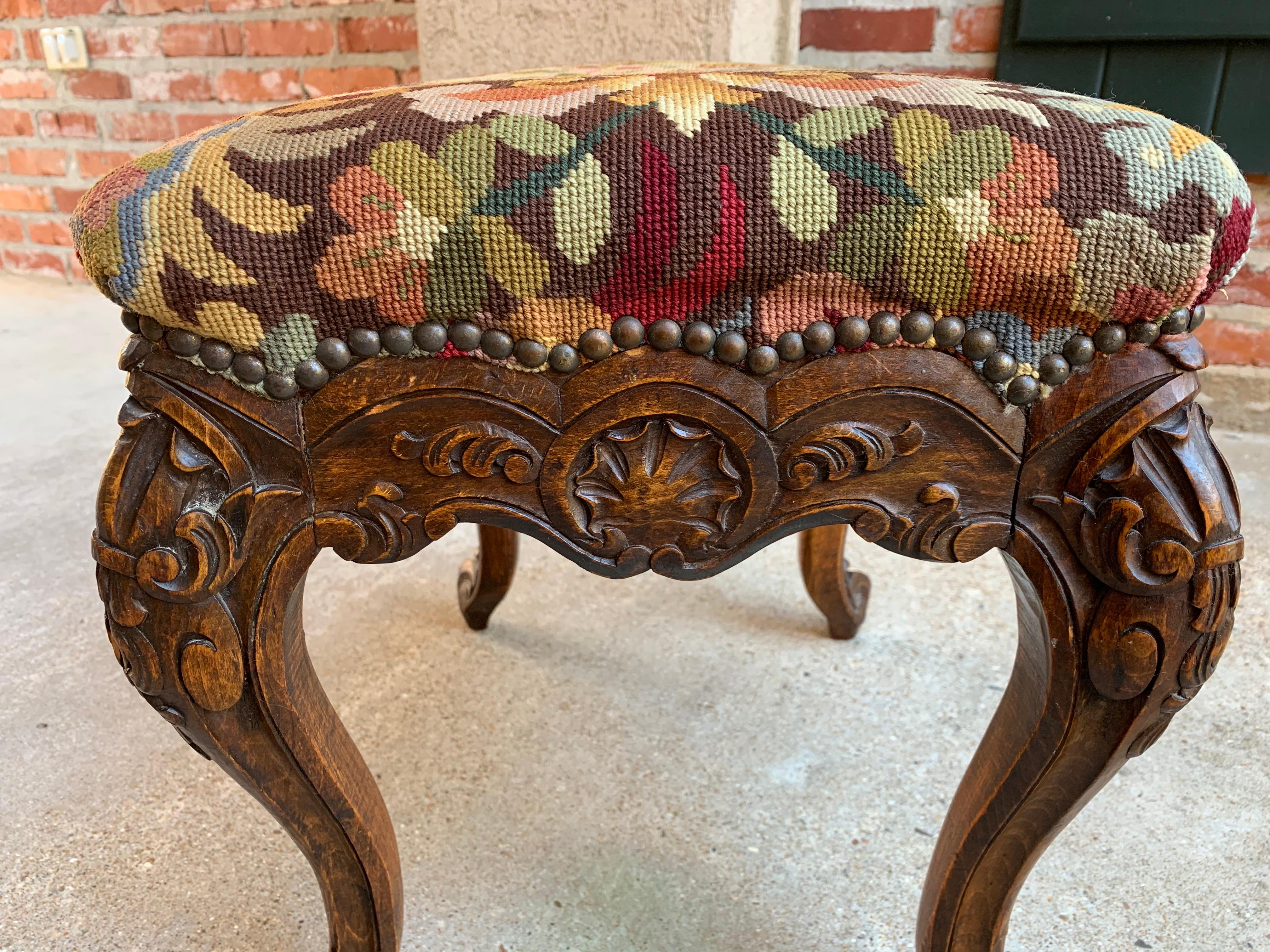 19th Century French Carved Oak Stool Bench Louis XV Style Tabouret Needlepoint 2