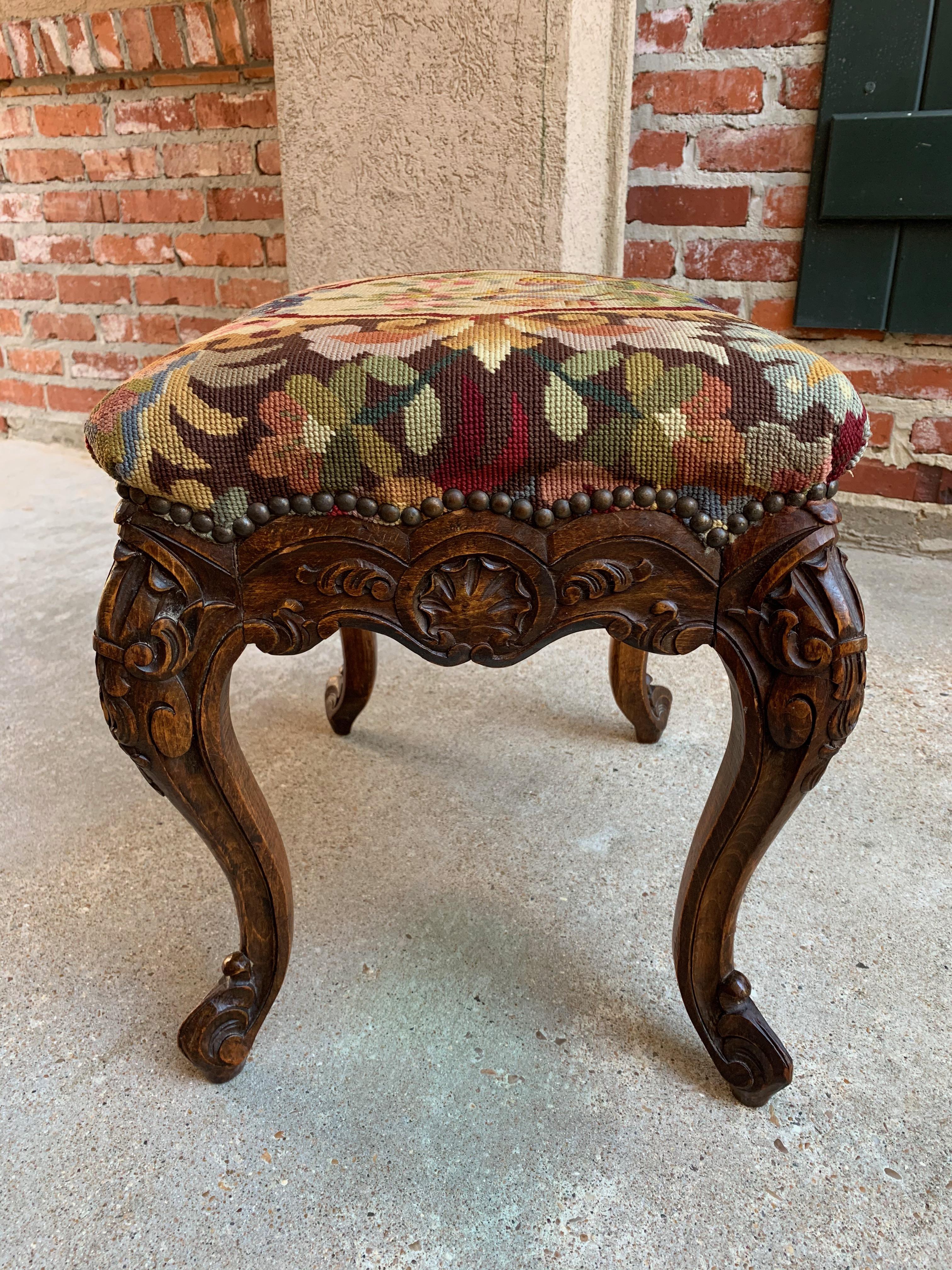 19th Century French Carved Oak Stool Bench Louis XV Style Tabouret Needlepoint 3