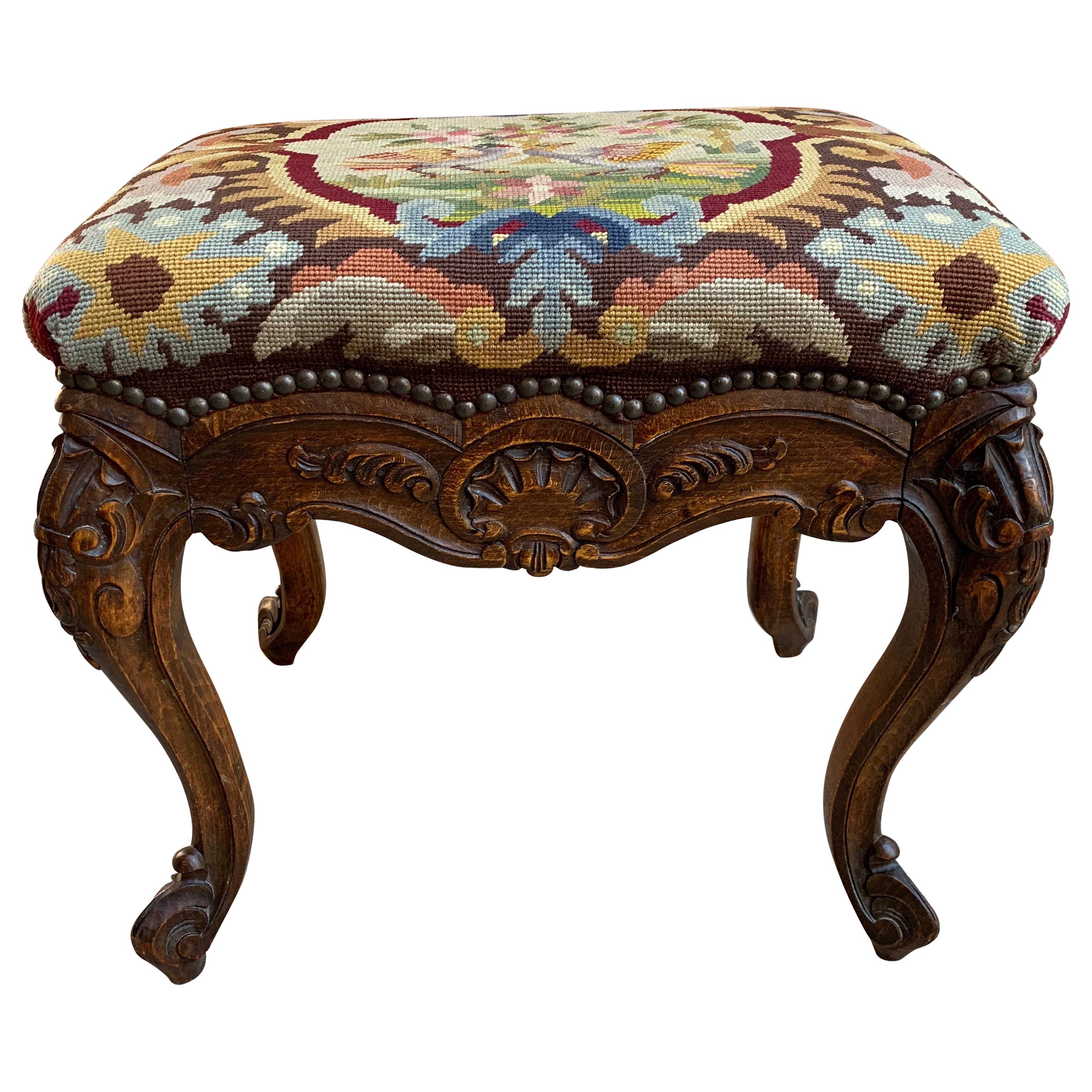 19th Century French Carved Oak Stool Bench Louis XV Style Tabouret Needlepoint