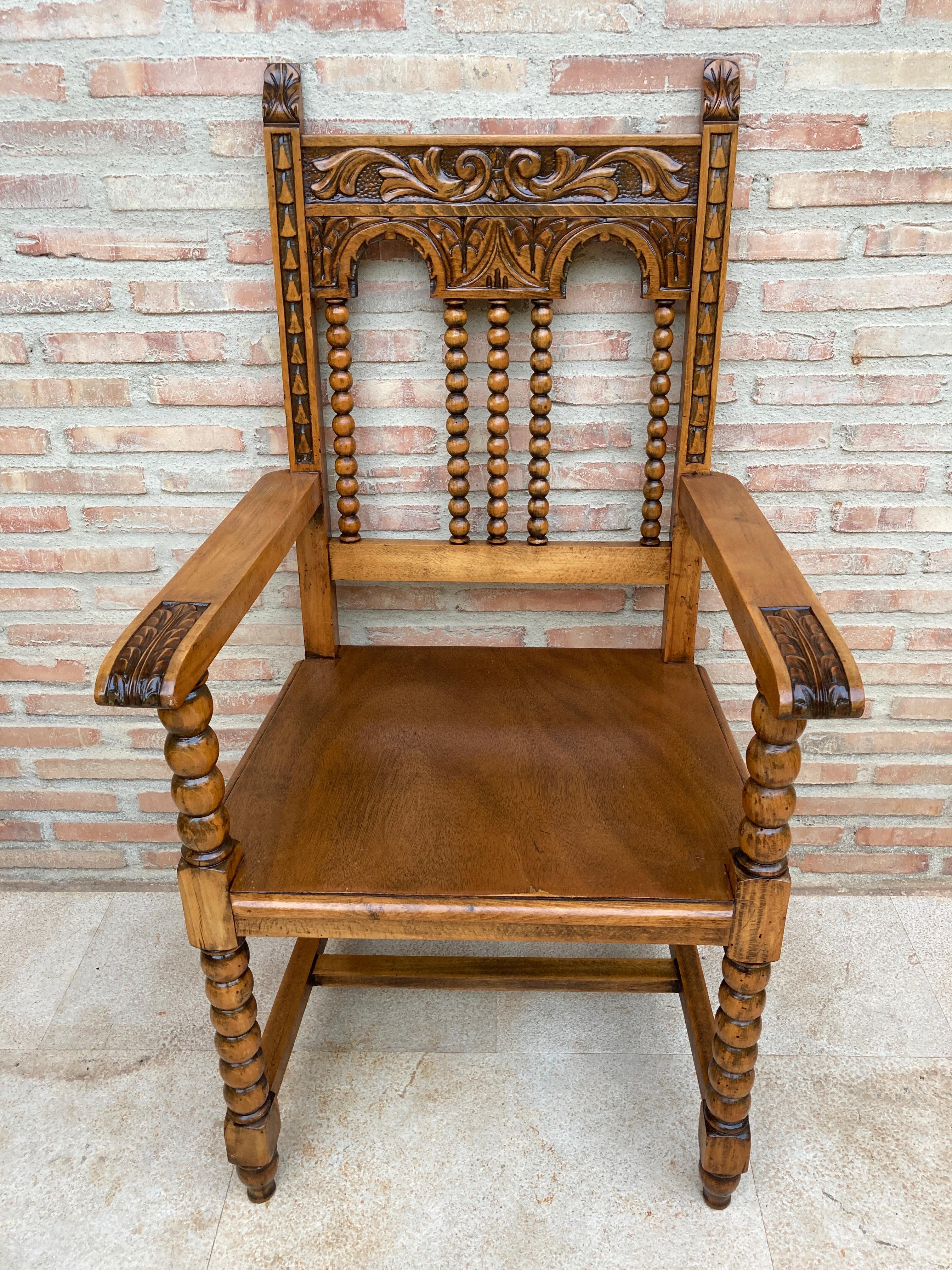 Renaissance 19th Century French Carved Oak Turned Wood Armchair For Sale