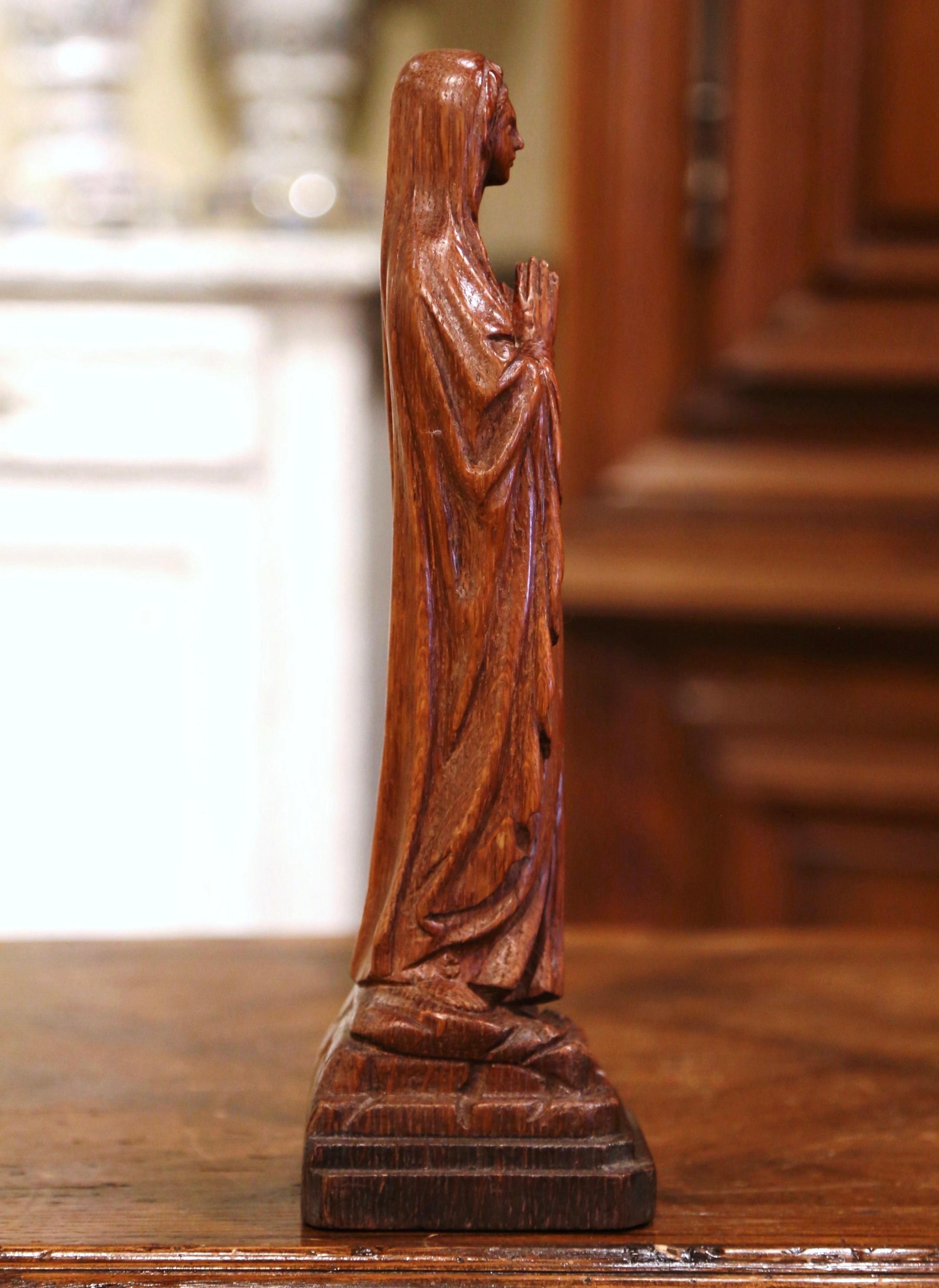 19th Century French Carved Oak Virgin Mary Statue in Prayer on Stand 1