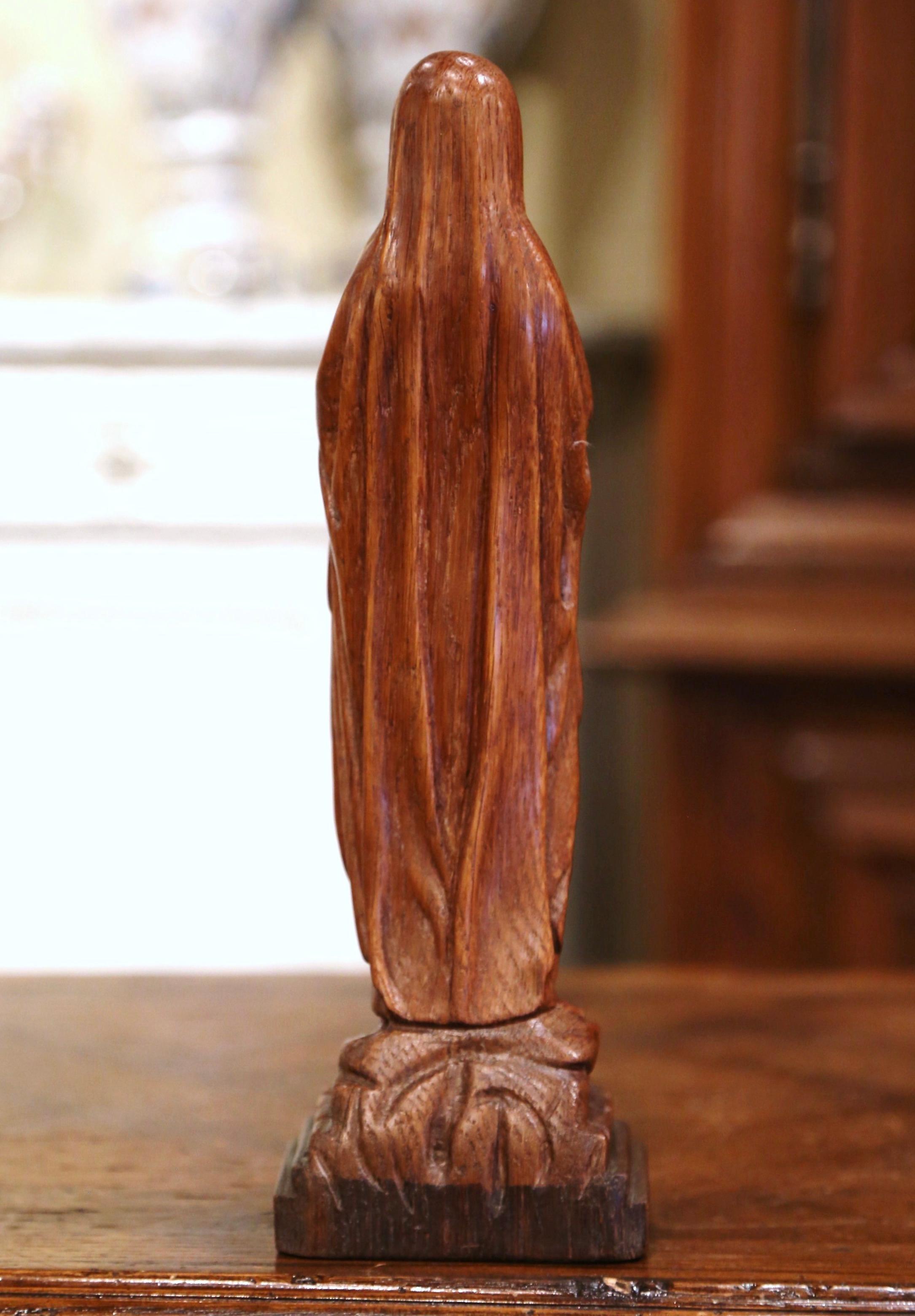 19th Century French Carved Oak Virgin Mary Statue in Prayer on Stand 2