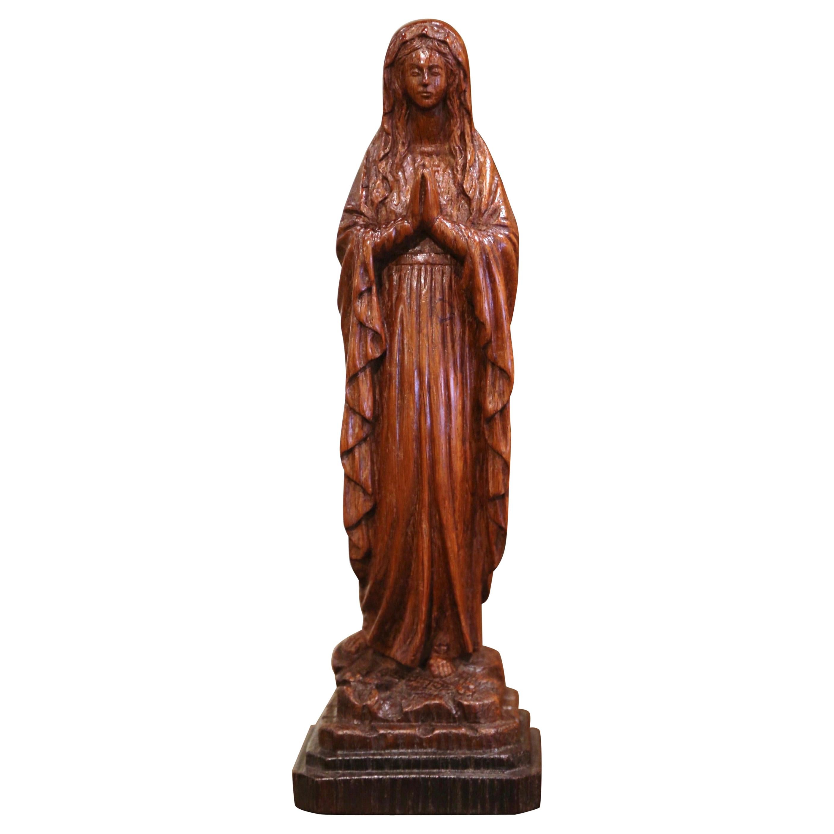 19th Century French Carved Oak Virgin Mary Statue in Prayer on Stand