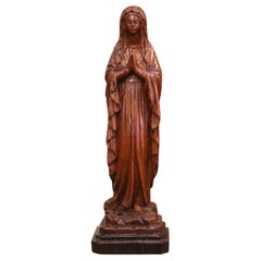 19th Century French Carved Oak Virgin Mary Statue in Prayer on Stand