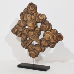 19th Century French Carved Oak Winged Angel Head in Clouds Ornament