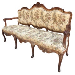 19th Century French Carved Oak Wood Sofa with Upholstered Seat and Back, 1890s