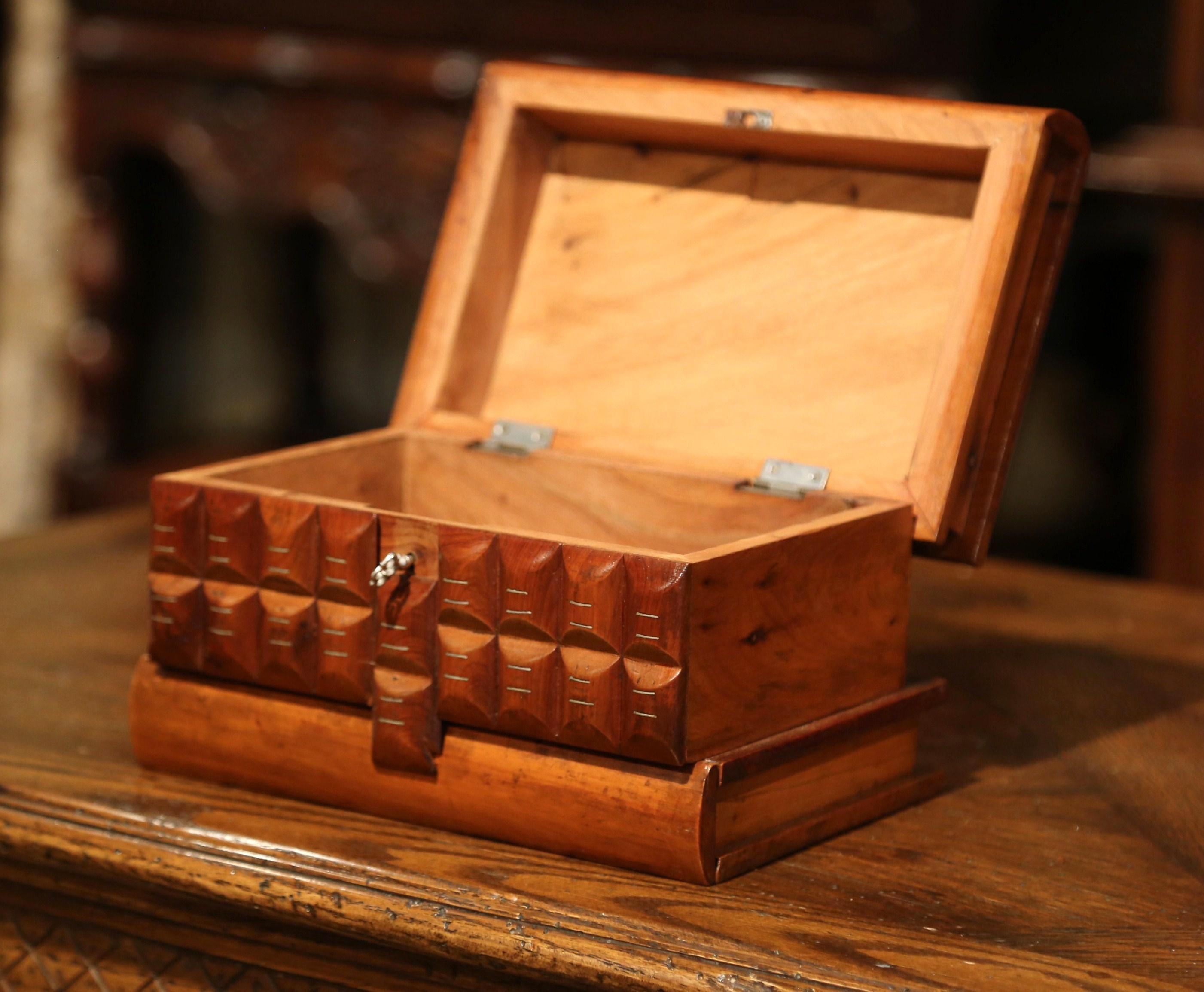Hand-Carved 19th Century French Carved Olive Box with Secret Key Hole and Drawer Mechanism
