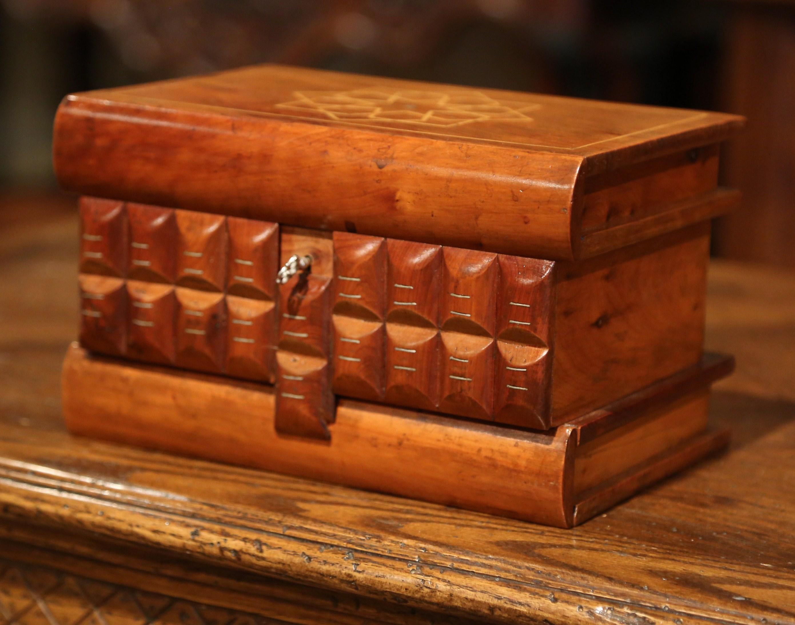 19th Century French Carved Olive Box with Secret Key Hole and Drawer Mechanism 3