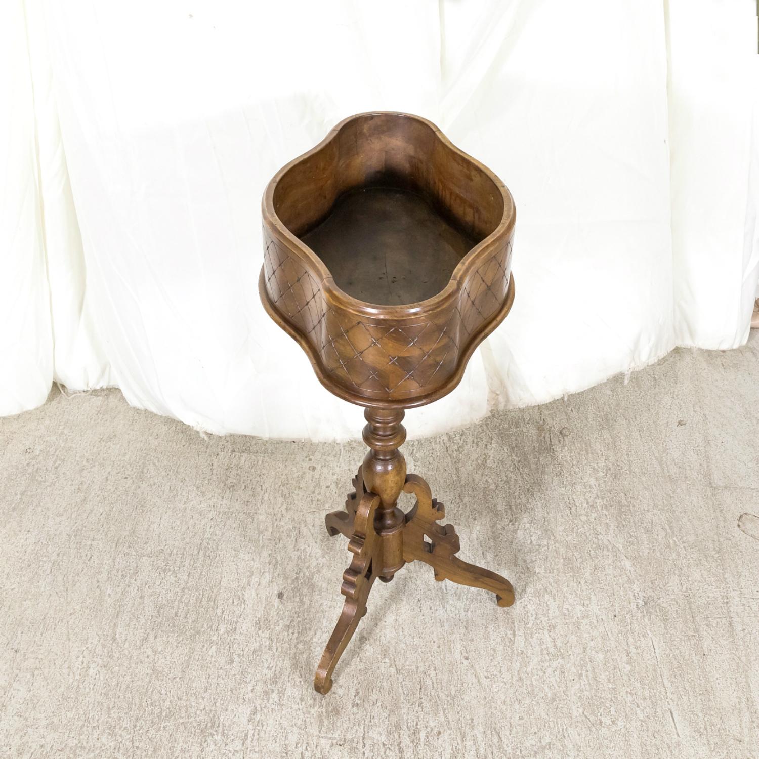 19th Century French Carved Oval Shaped Walnut Jardinière Planter on Tripod Stand For Sale 9