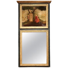 Miroir Trumeau français du 19ème siècle sculpté, peint et doré avec scène bucolique