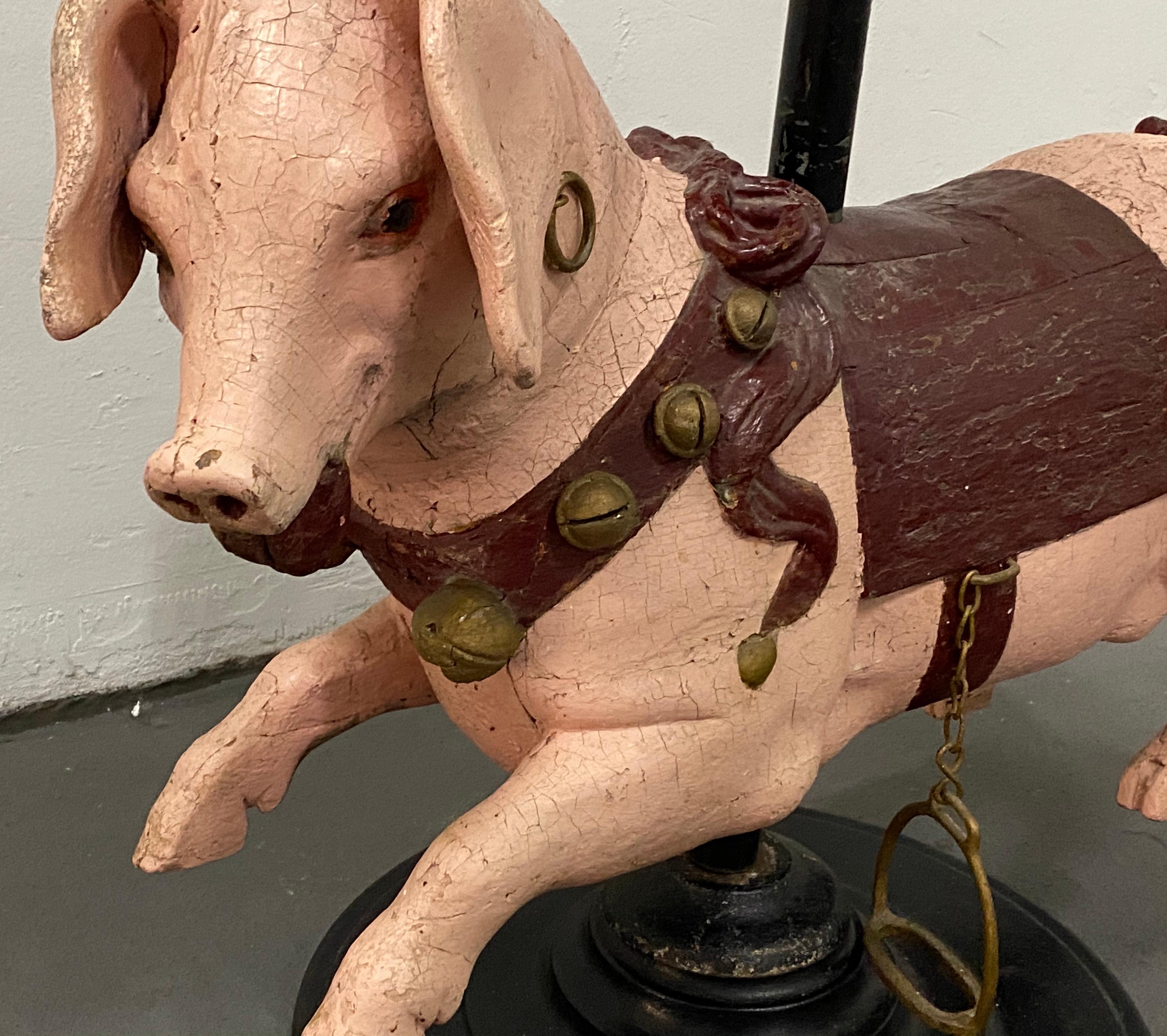 Wood 19th Century French Carved and Painted Carousel Pig on Stand